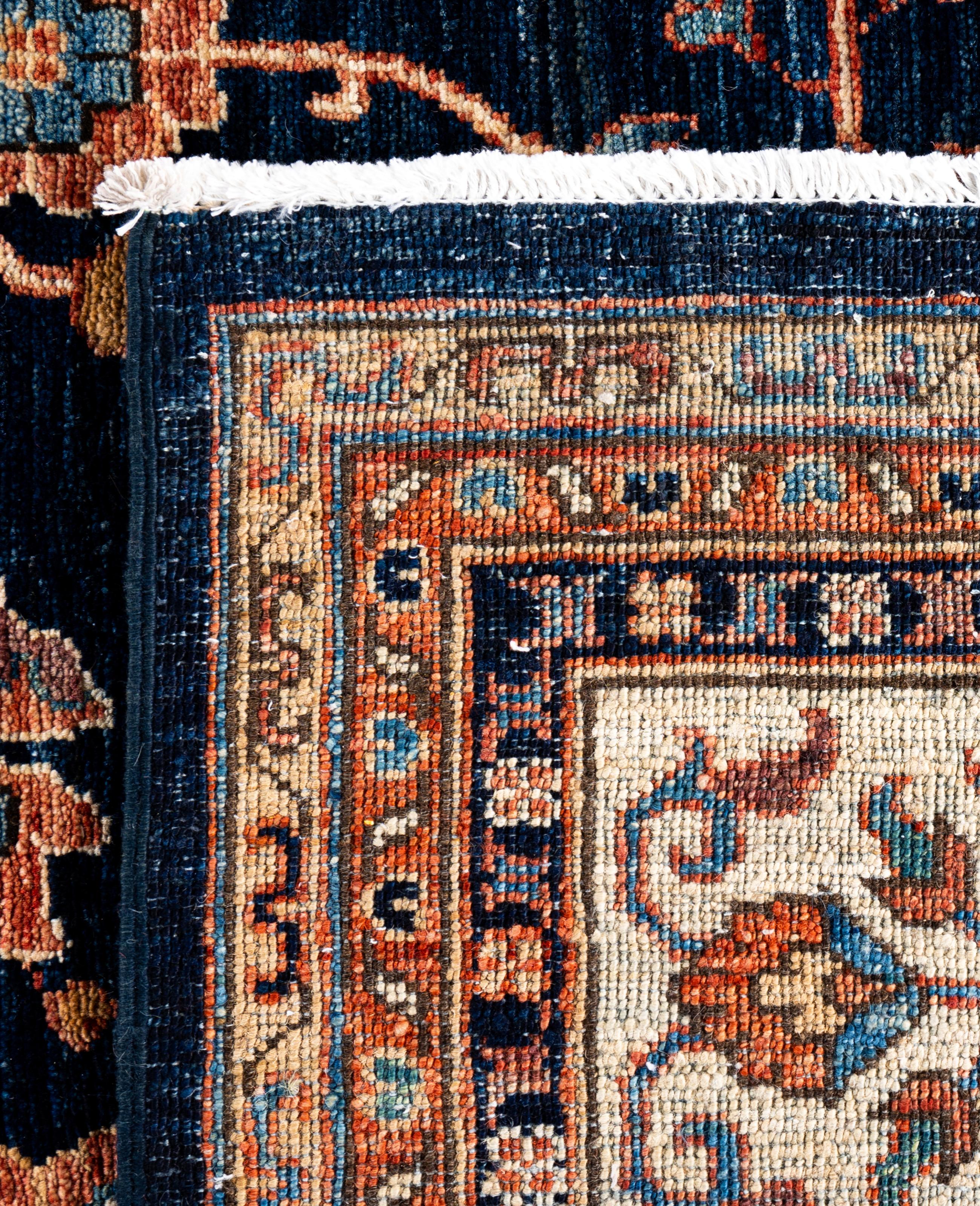 Tapis traditionnel tribal Serapi bleu noué à la main 8' 0