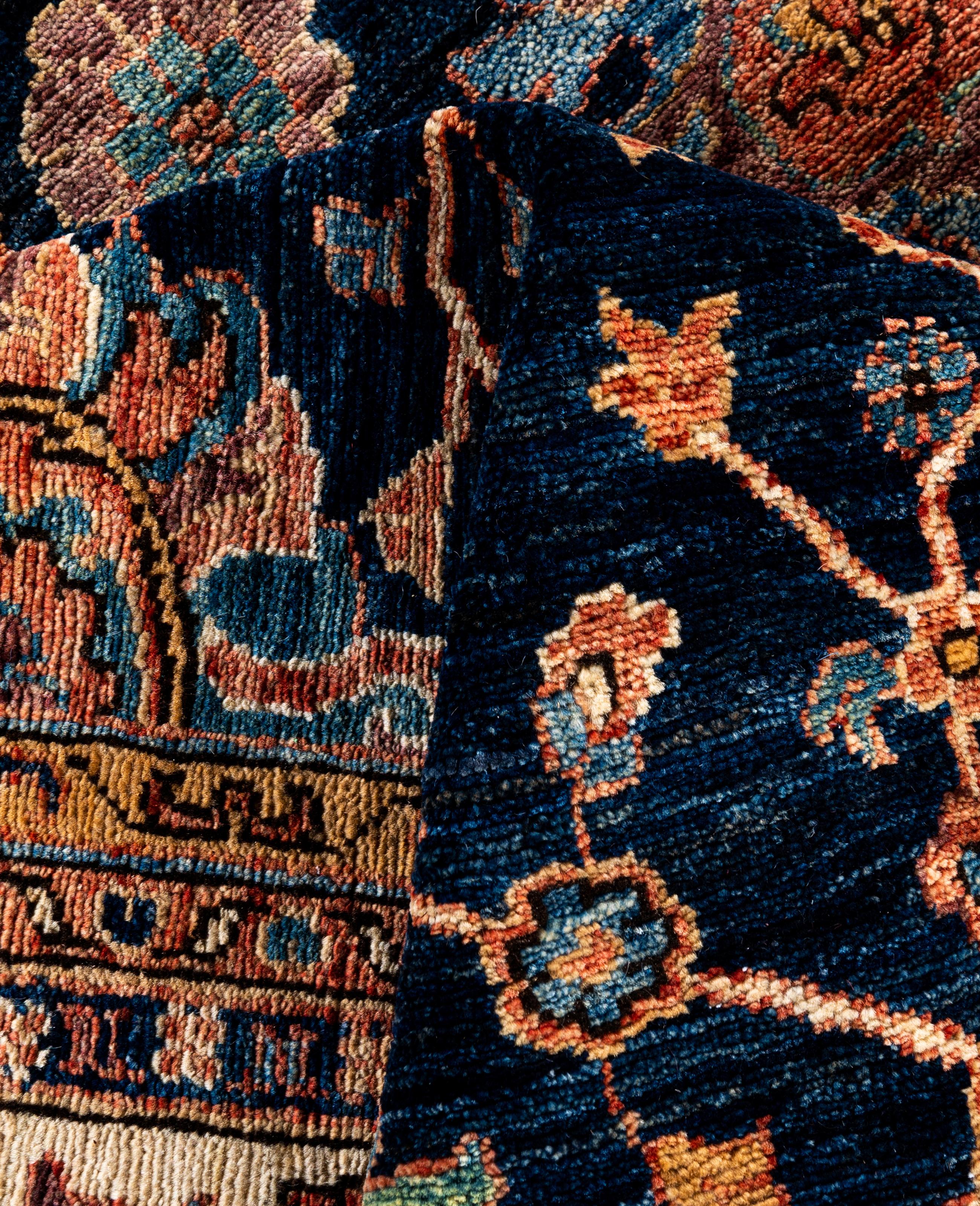 Laine Tapis traditionnel tribal Serapi bleu noué à la main 8' 0
