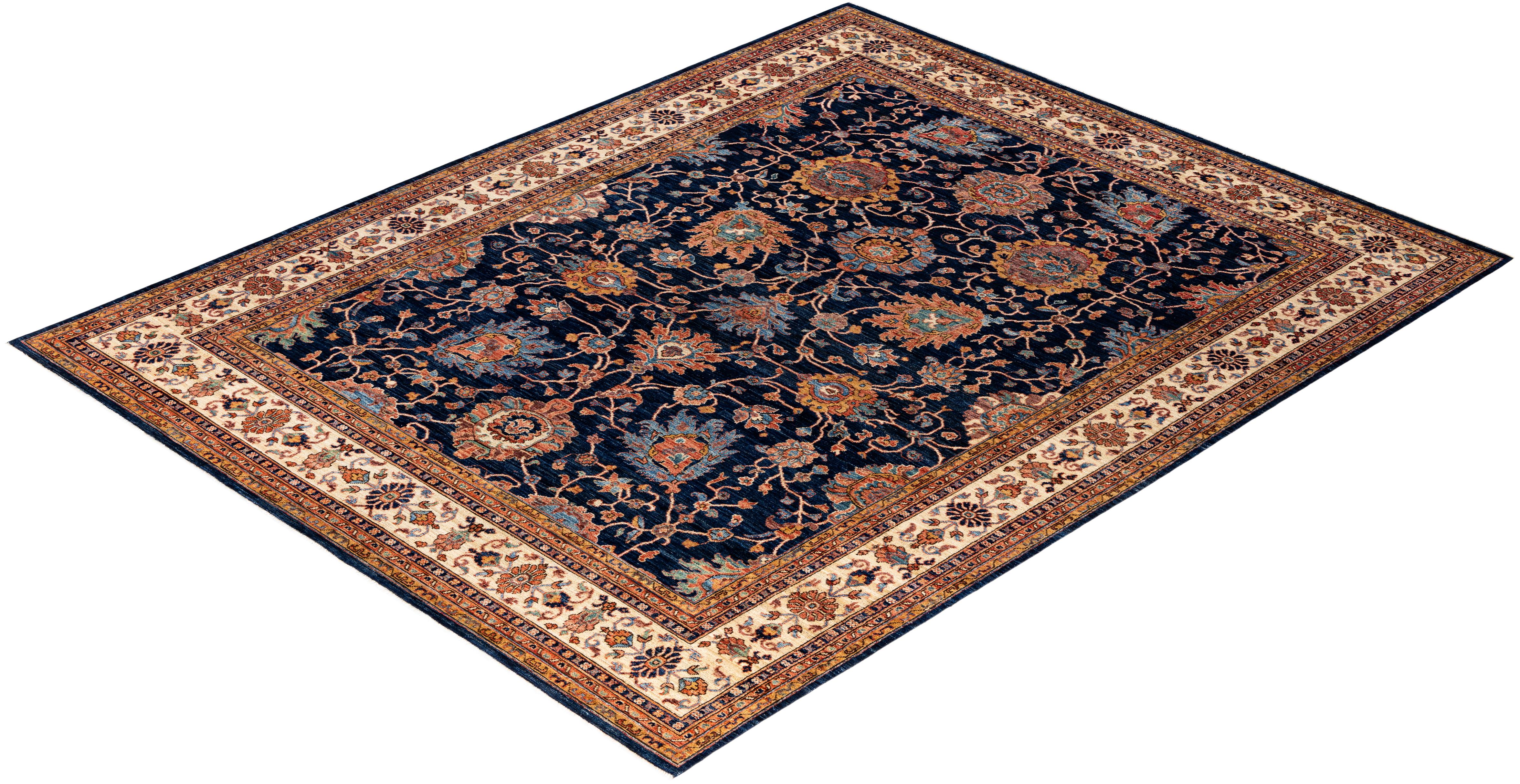 Tapis traditionnel tribal Serapi bleu noué à la main 8' 0