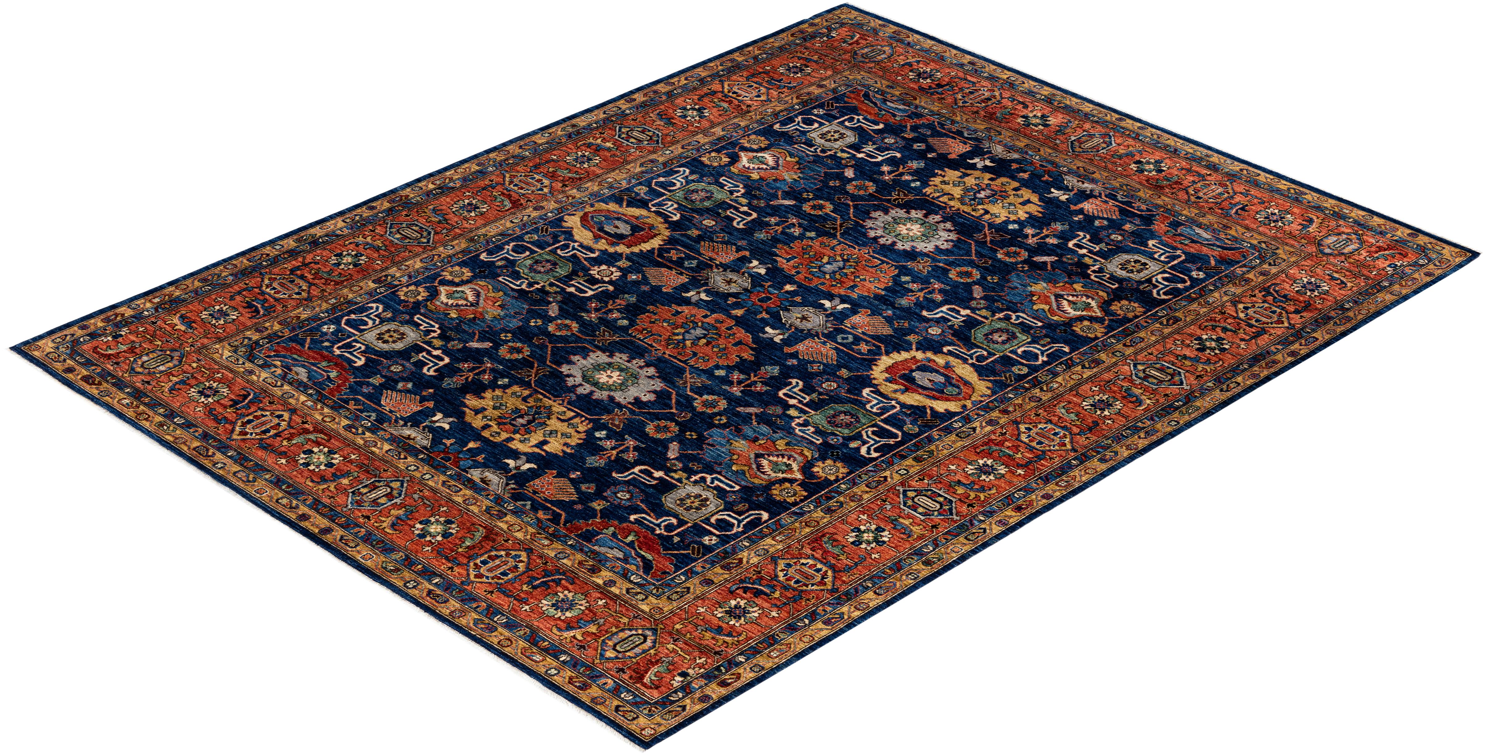 Tapis traditionnel tribal Serapi bleu noué à la main 8' 1