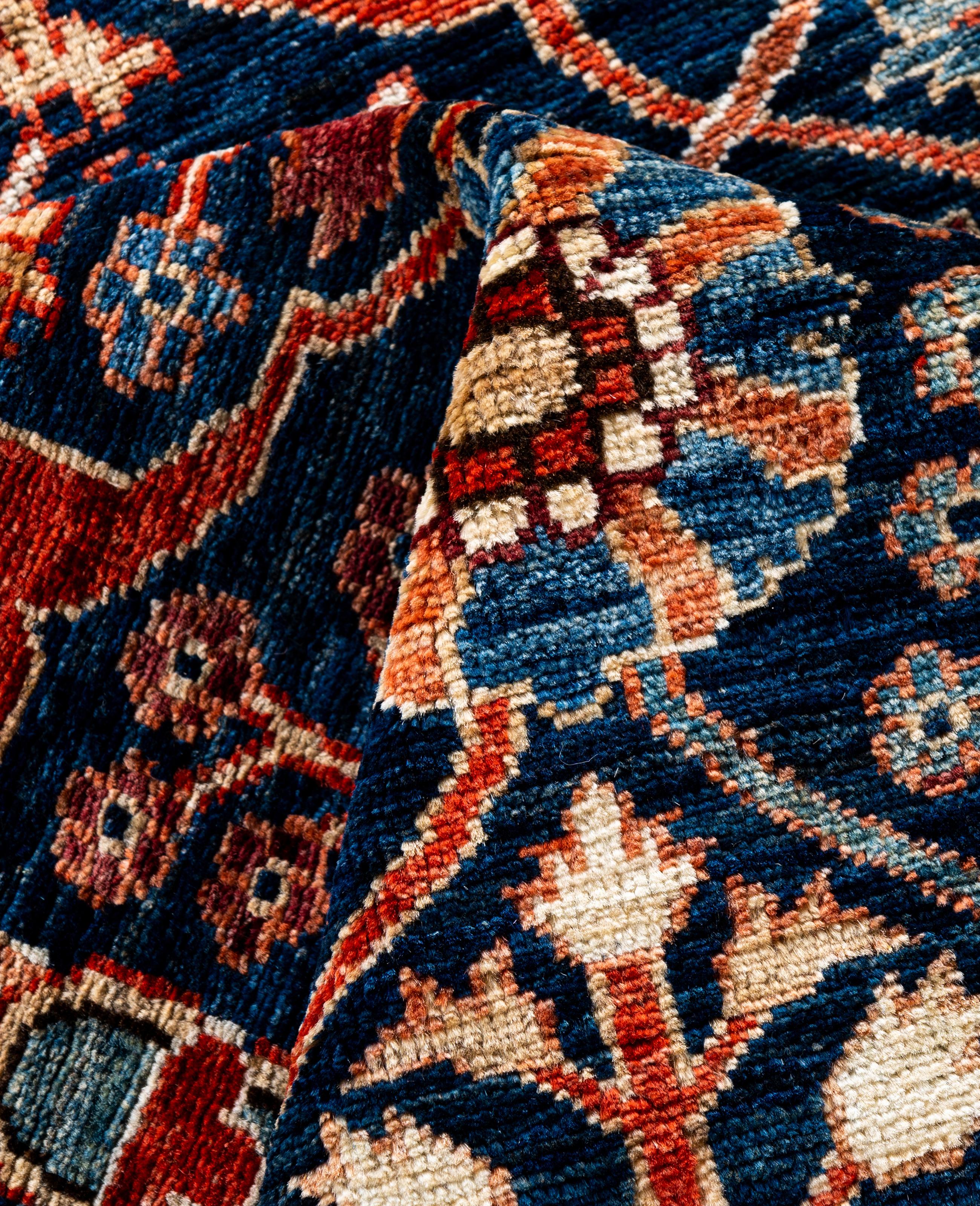 Laine Tapis traditionnel tribal Serapi bleu noué à la main 8' 1