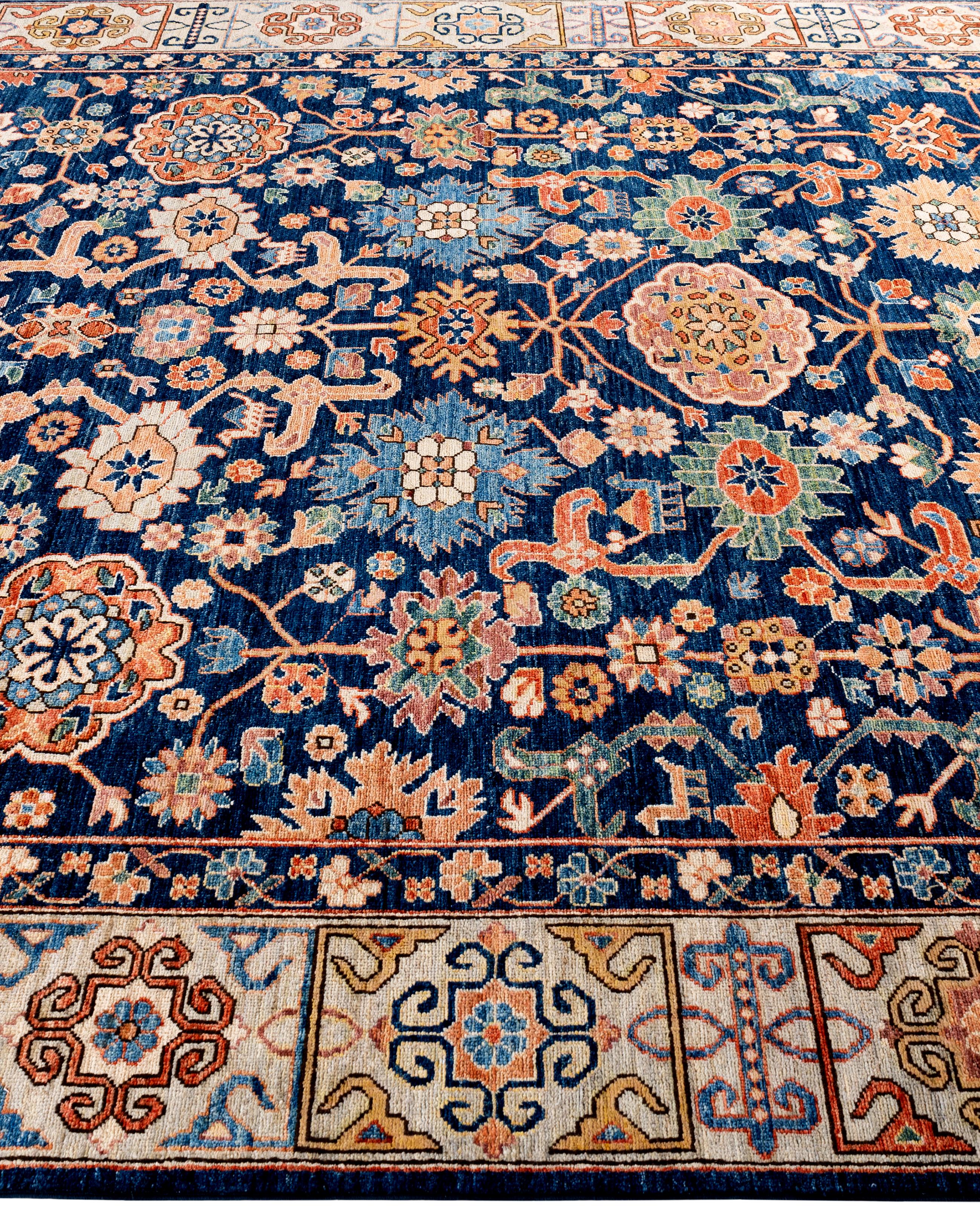 Hand-Knotted Traditional Tribal Serapi Wool Hand Knotted Blue Area Rug 8' 1