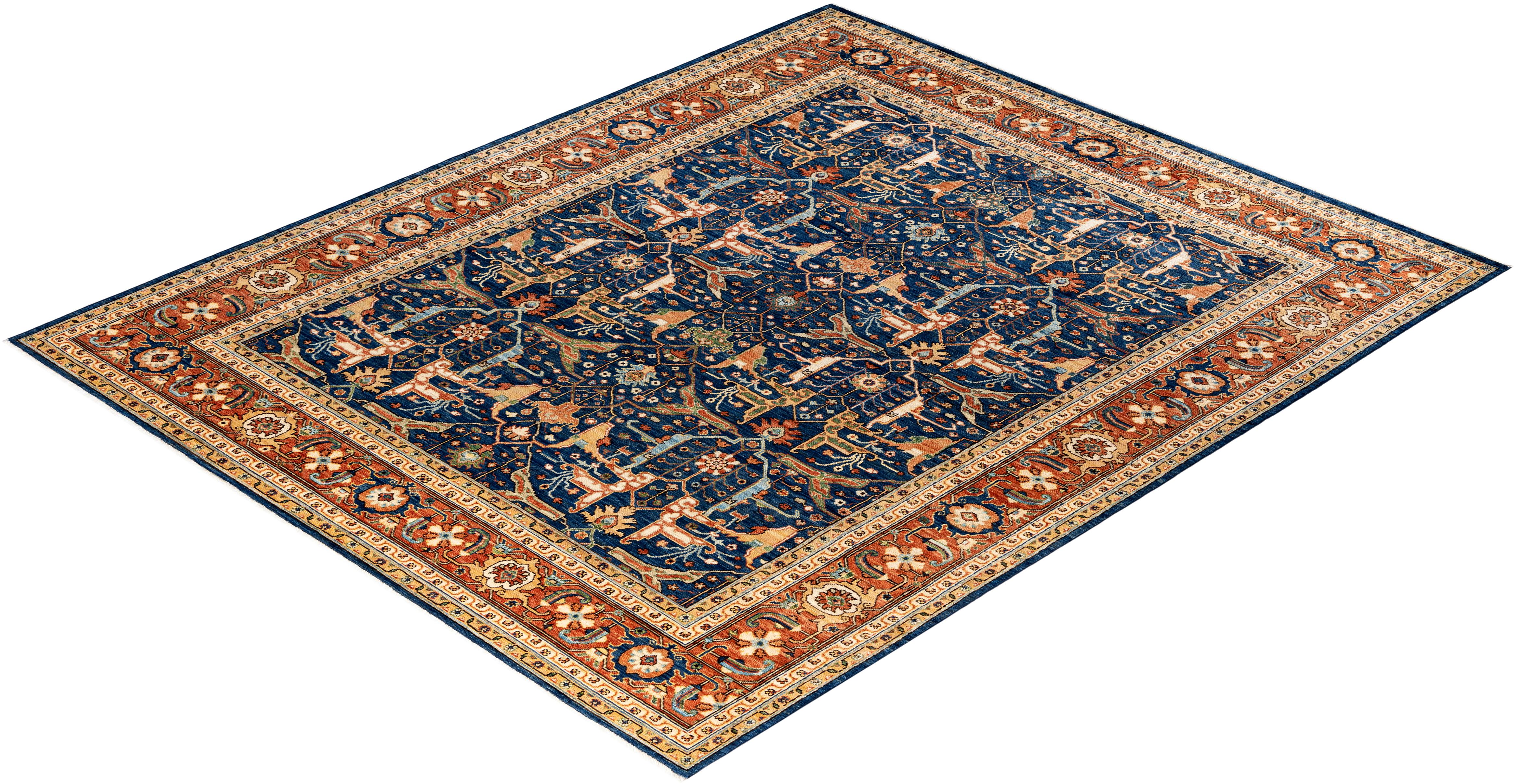 Tapis traditionnel tribal Serapi bleu noué à la main 8' 1