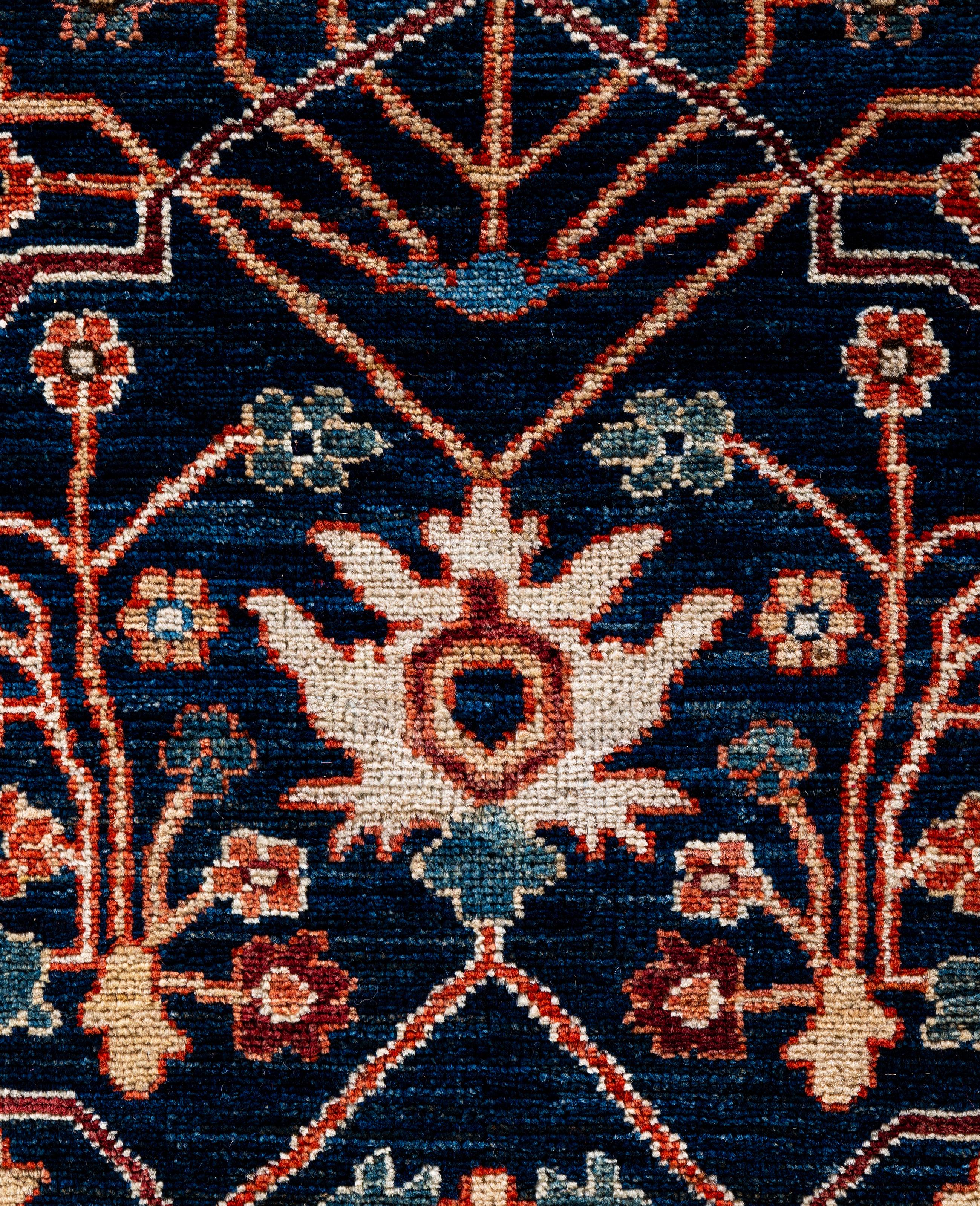 Pakistanais Tapis traditionnel tribal Serapi bleu noué à la main 8' 11