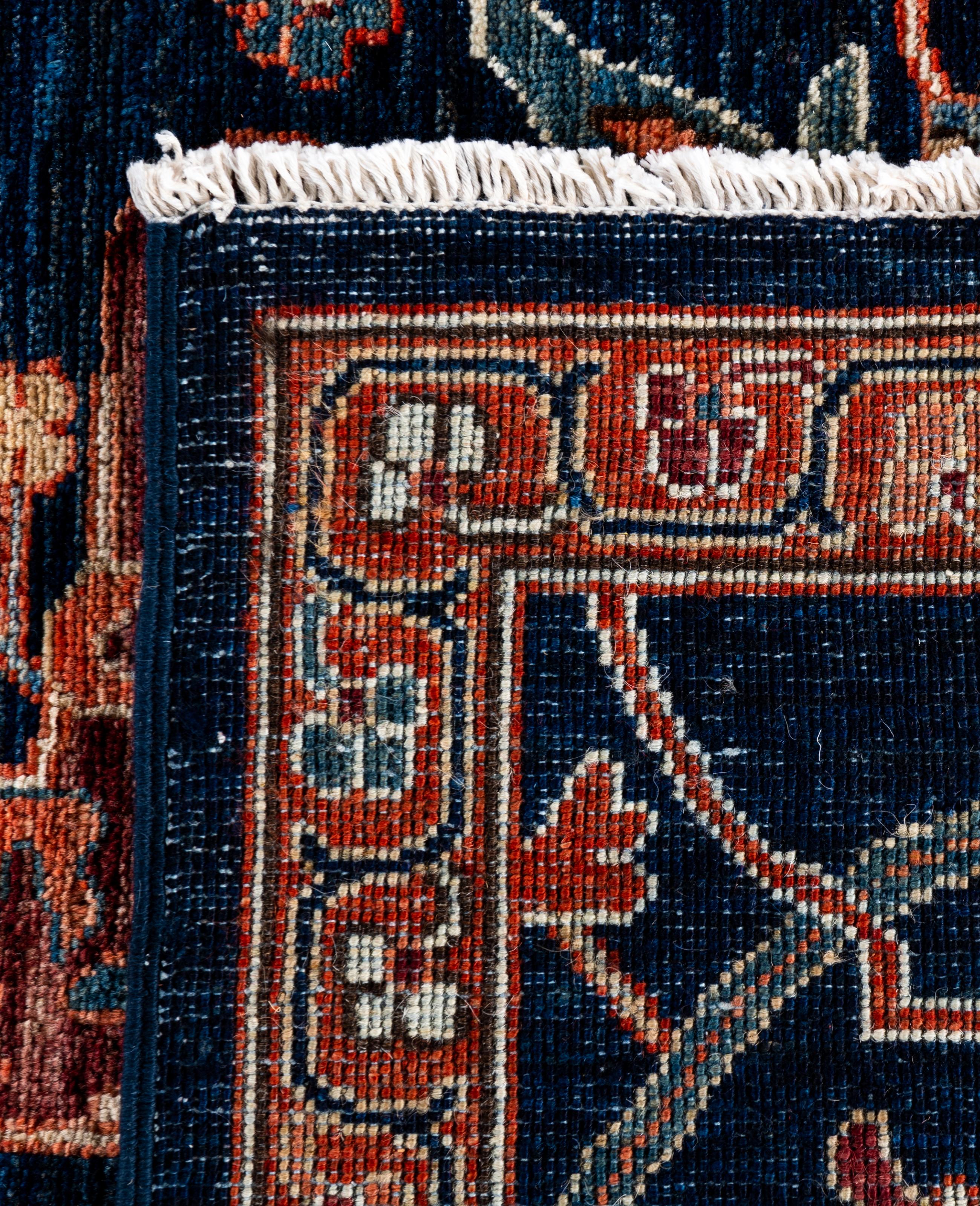 Tapis traditionnel tribal Serapi bleu noué à la main 8' 11