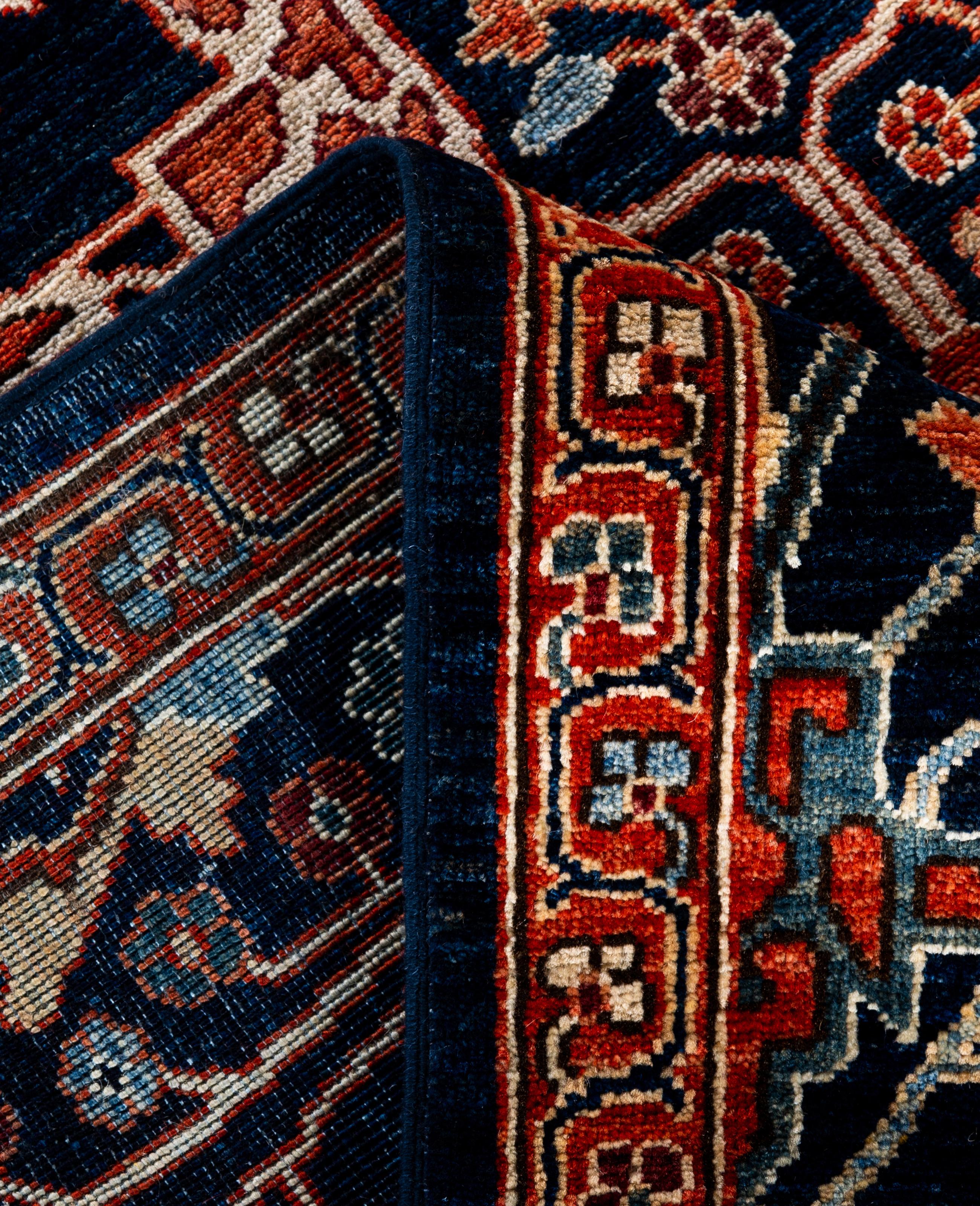 XXIe siècle et contemporain Tapis traditionnel tribal Serapi bleu noué à la main 8' 11