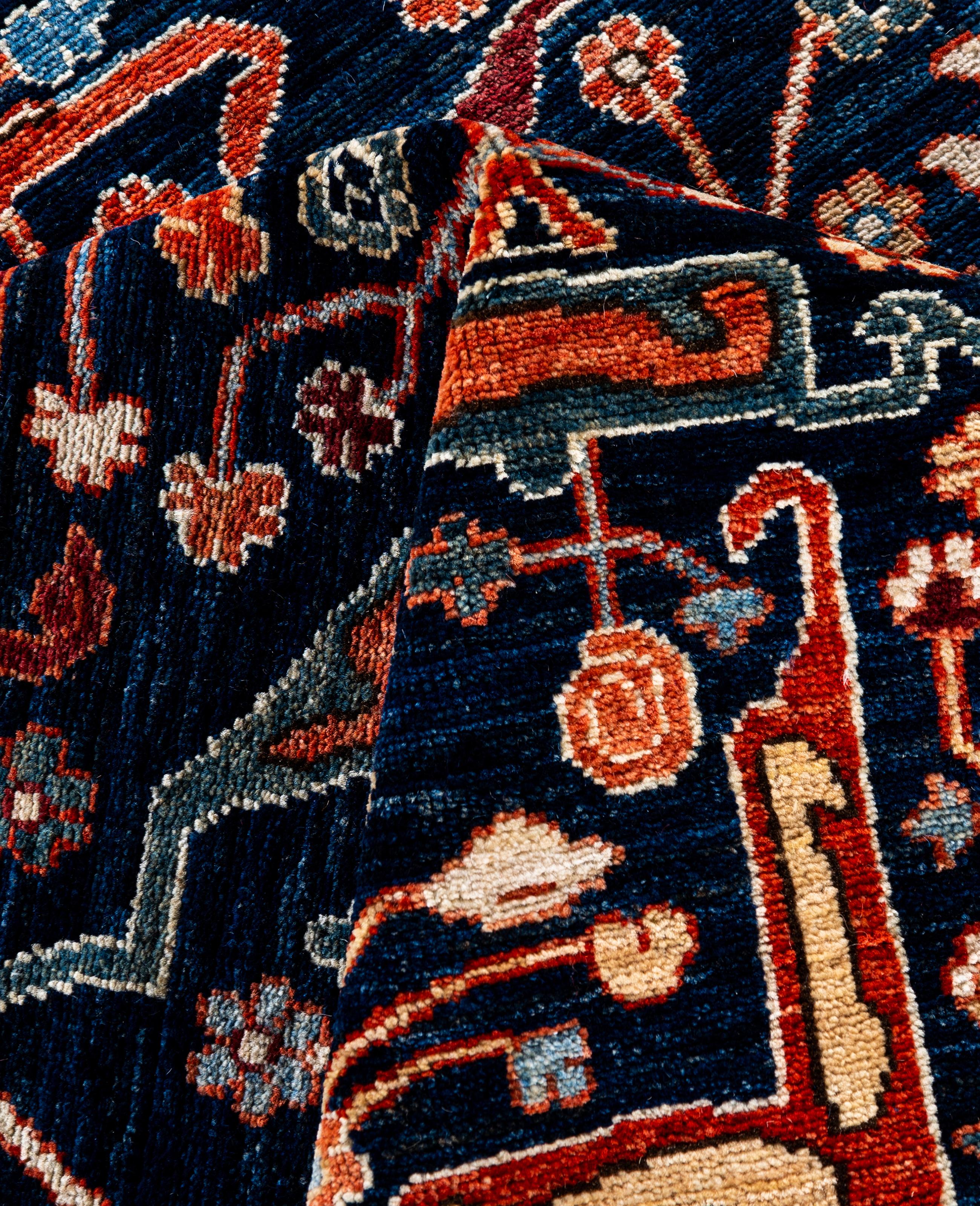 Laine Tapis traditionnel tribal Serapi bleu noué à la main 8' 11