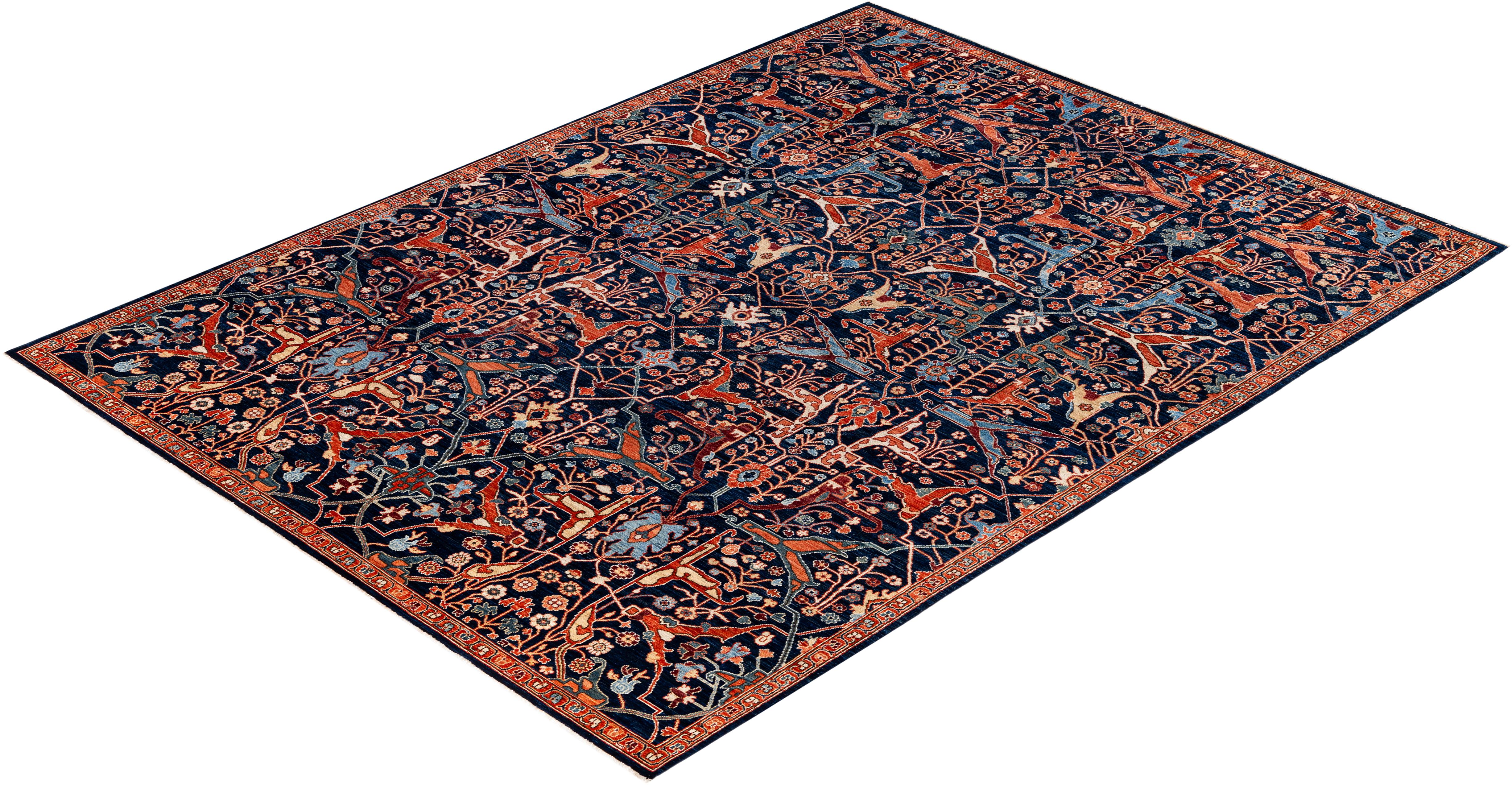 Tapis traditionnel tribal Serapi bleu noué à la main 8' 11