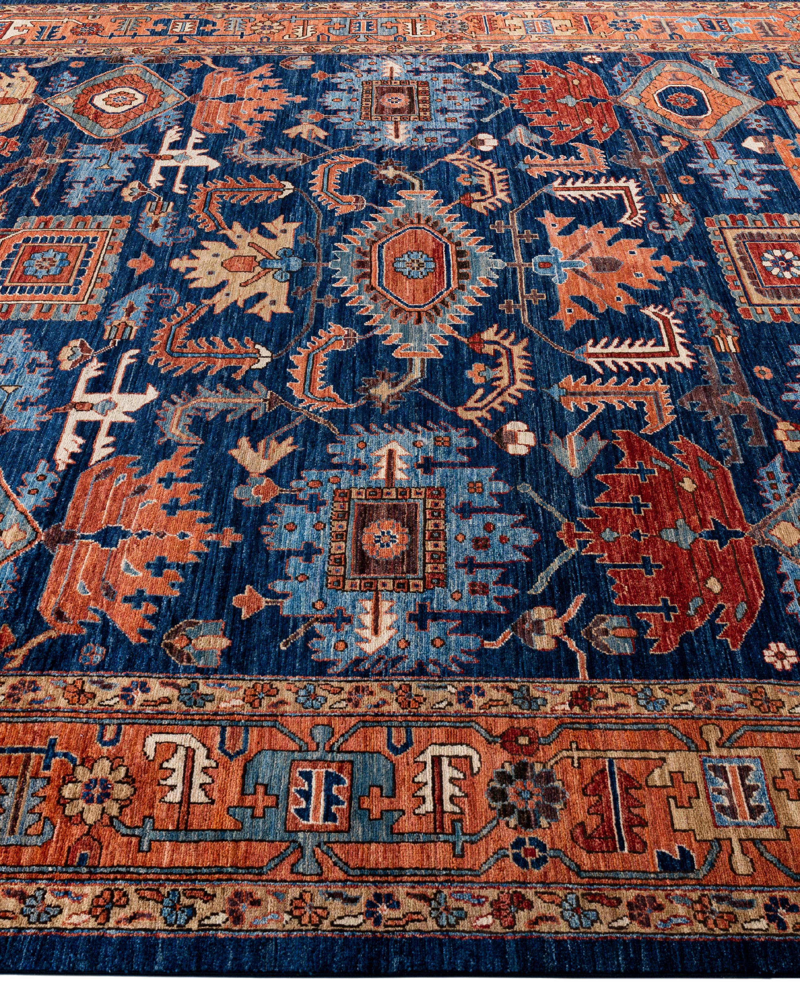 Traditioneller handgeknüpfter blauer Serapi-Wollteppich aus Stammeskunst 8' 11