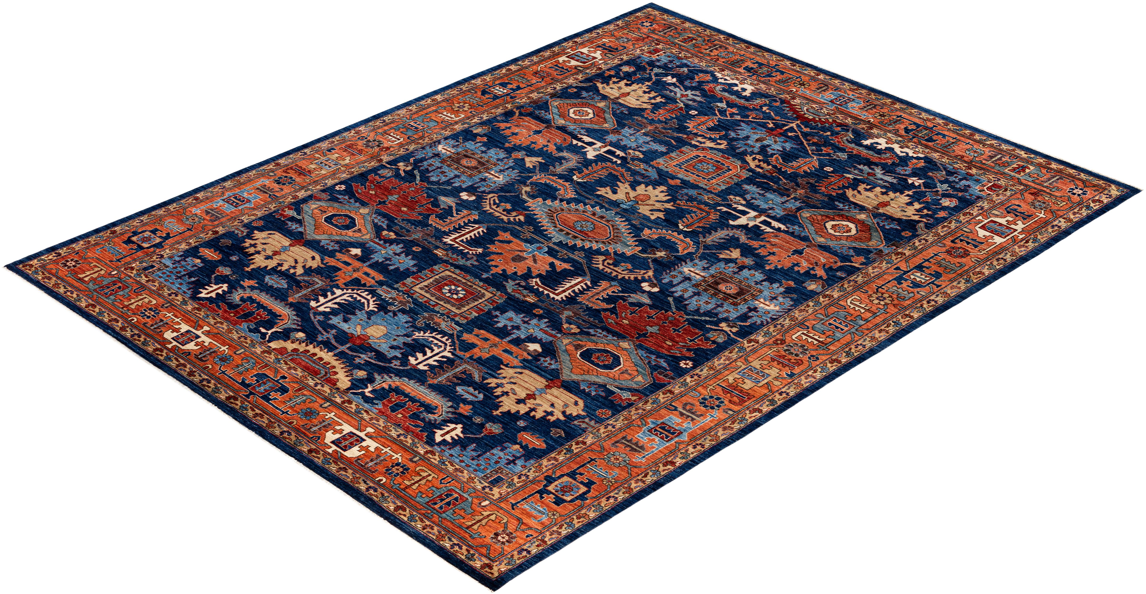Traditioneller handgeknüpfter blauer Serapi-Wollteppich aus Stammeskunst 8' 11