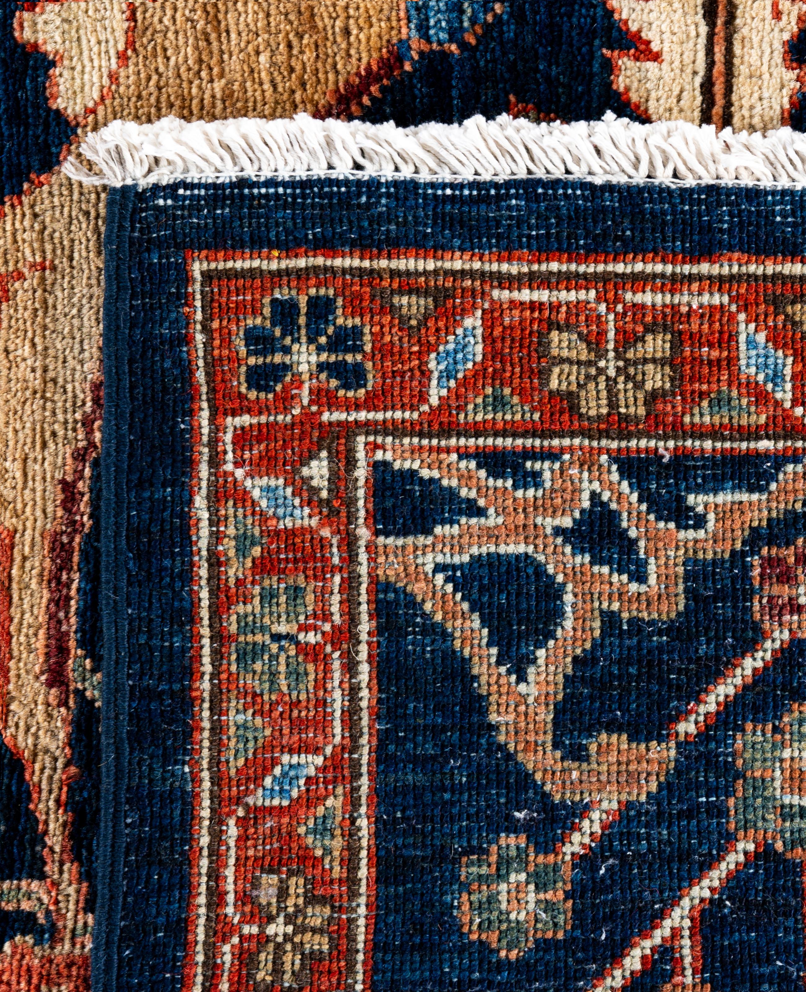 Tapis traditionnel tribal Serapi bleu noué à la main 8' 11