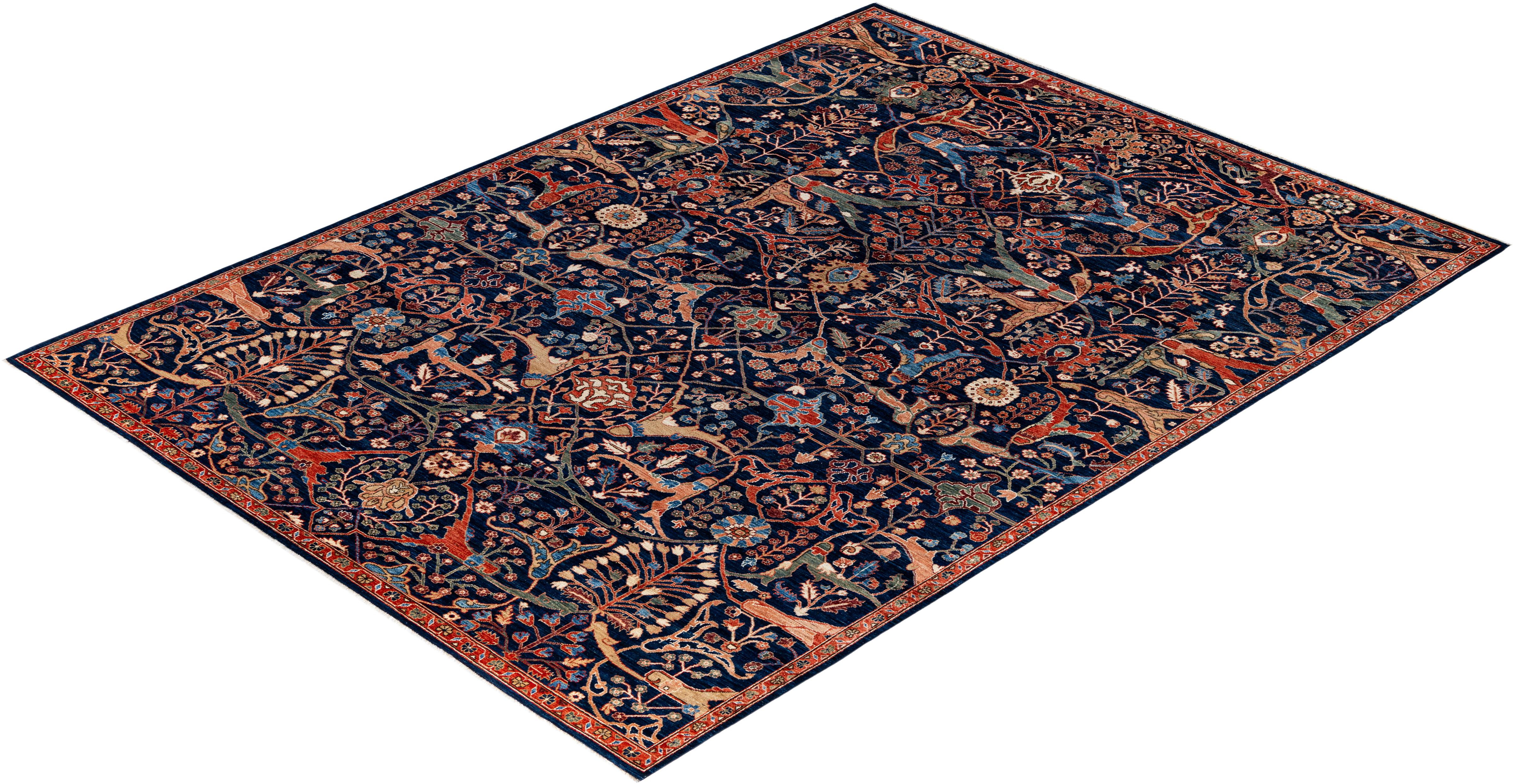 Tapis traditionnel tribal Serapi bleu noué à la main 8' 11