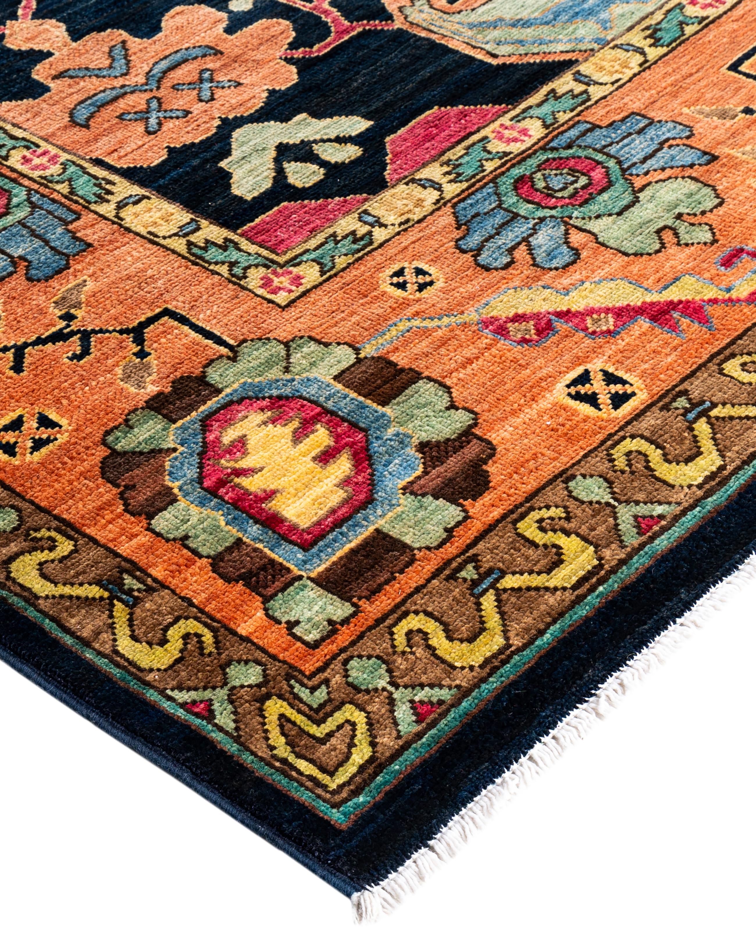 Serapi rugs are known for their bold, geometric designs and rich colors, often featuring a central medallion surrounded by intricate patterns. They typically use a warm, earthy color palette with deep reds, blues, ivory, and occasional greens. The