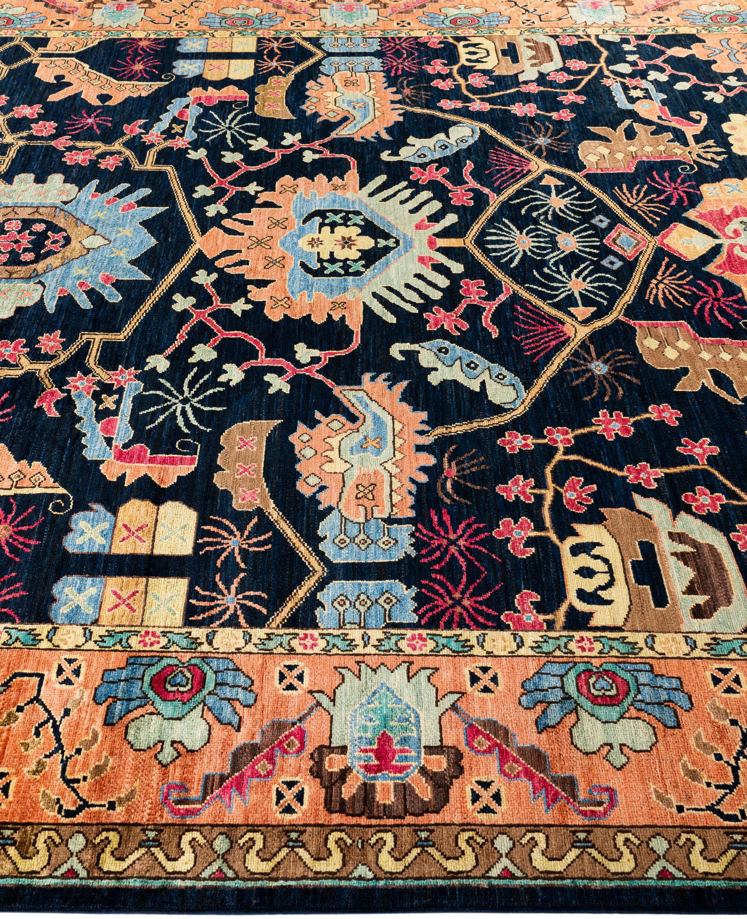 Hand-Knotted Traditional Tribal Serapi Wool Hand Knotted Blue Area Rug 8' 2