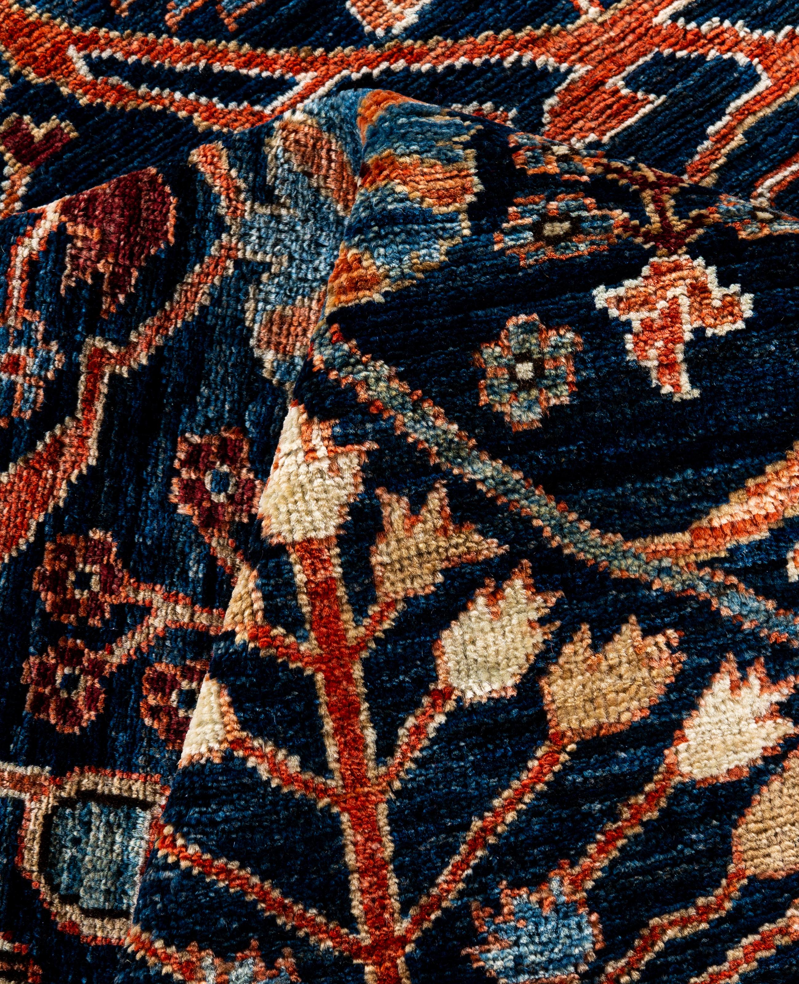Laine Tapis traditionnel tribal Serapi bleu noué à la main 8' 2