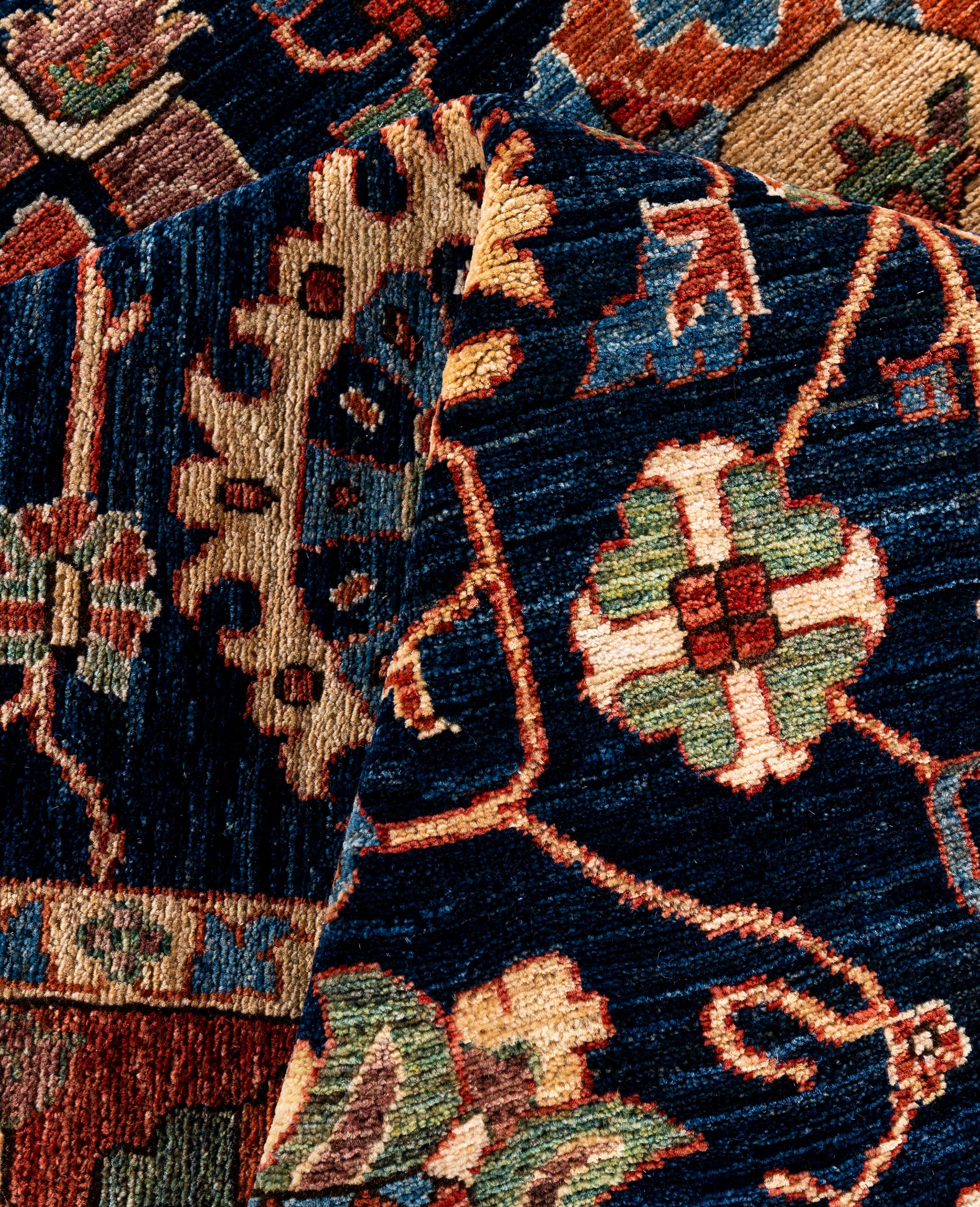Laine Tapis traditionnel tribal Serapi bleu noué à la main 9' 0