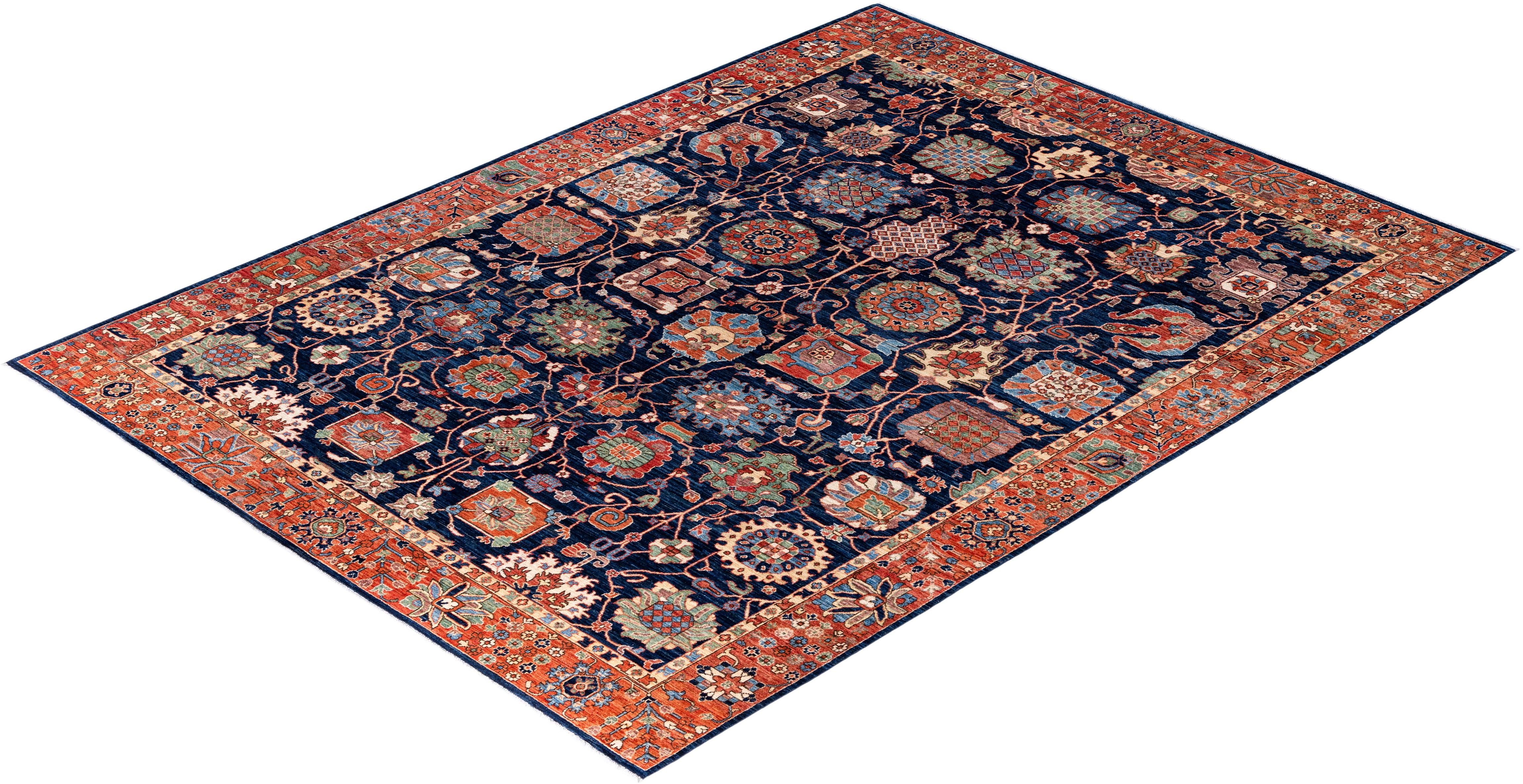 Tapis traditionnel tribal Serapi bleu noué à la main 9' 0