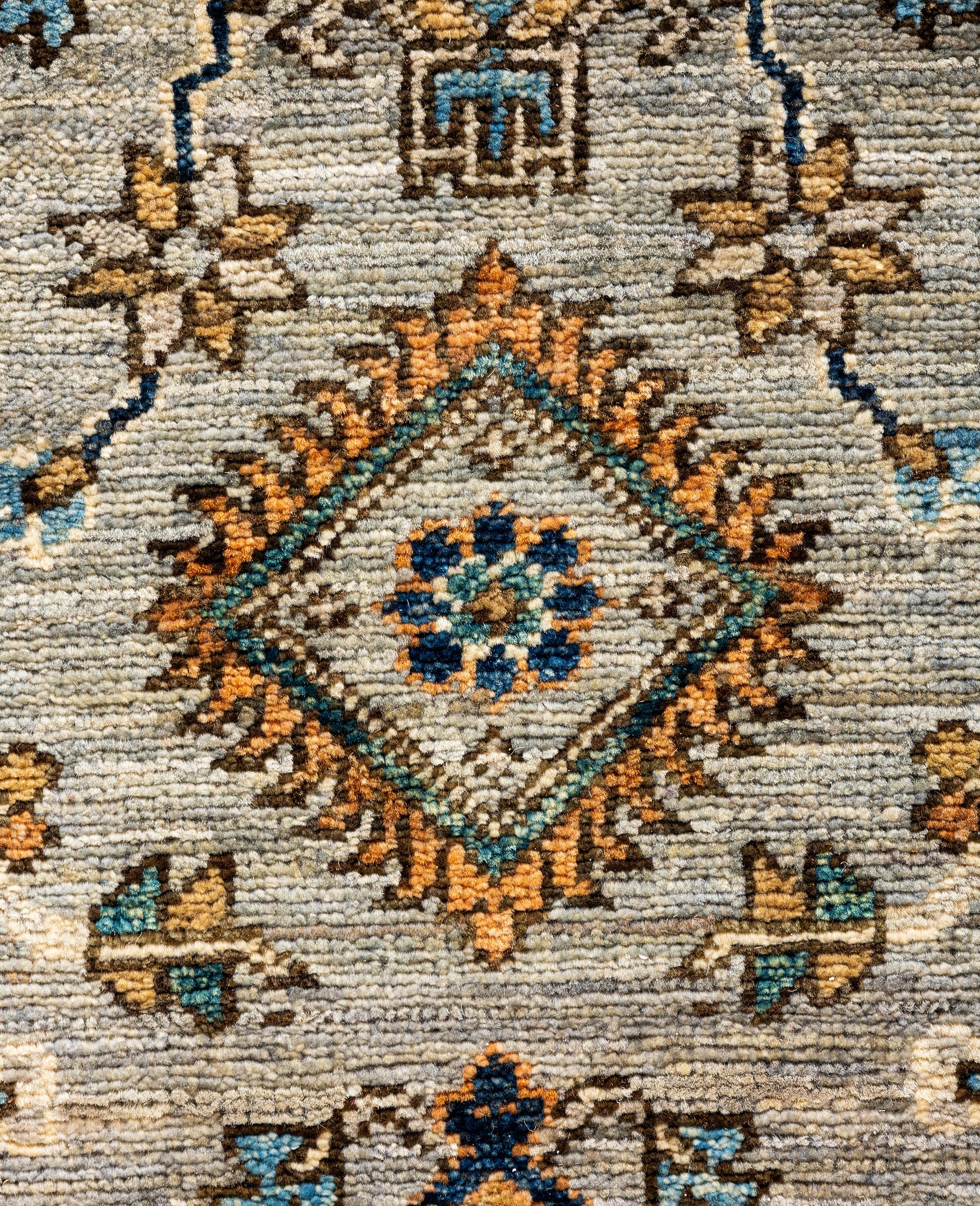 Pakistani Traditional Tribal Serapi Wool Hand Knotted Gray Area Rug 3' 11