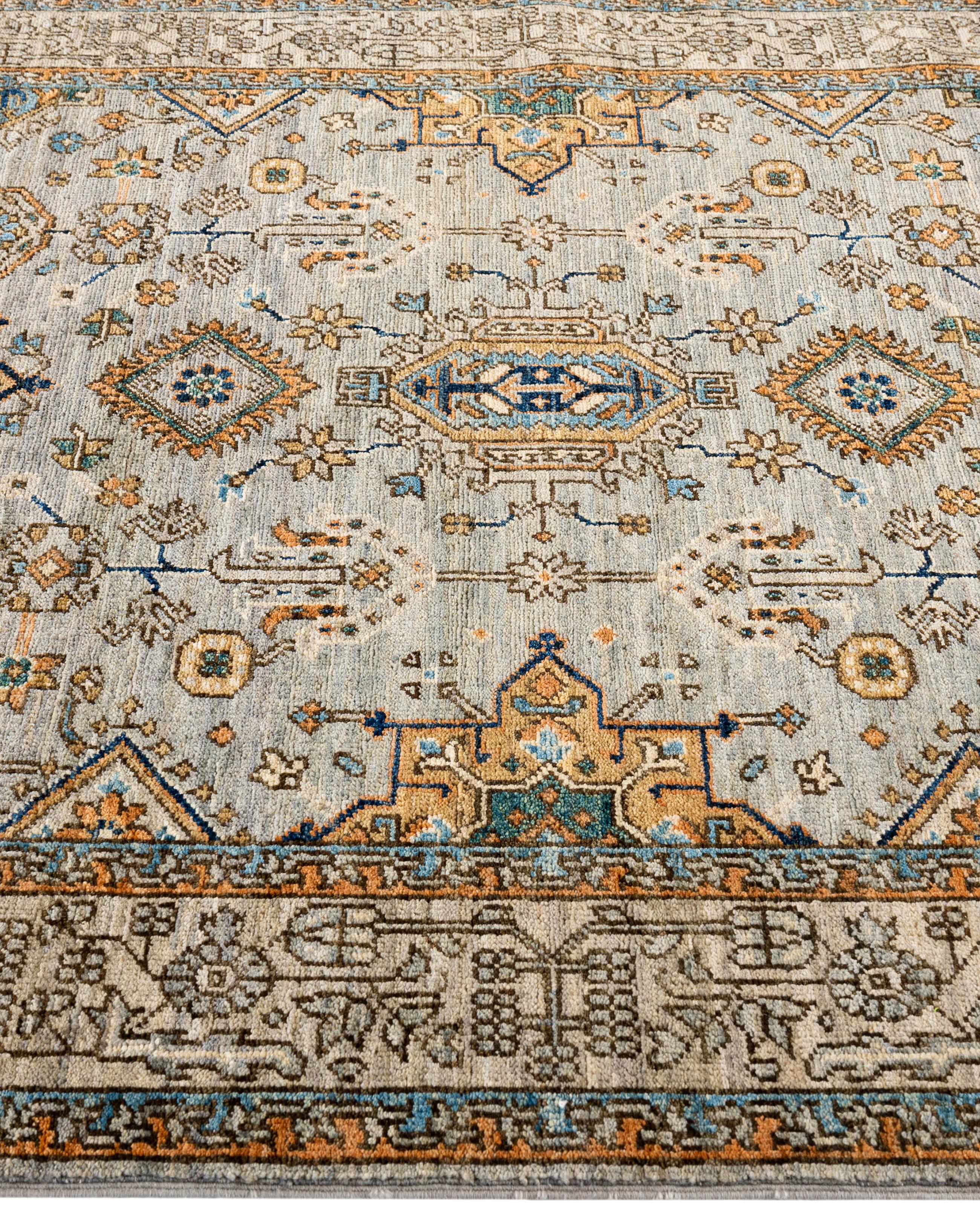 Hand-Knotted Traditional Tribal Serapi Wool Hand Knotted Gray Area Rug 3' 11