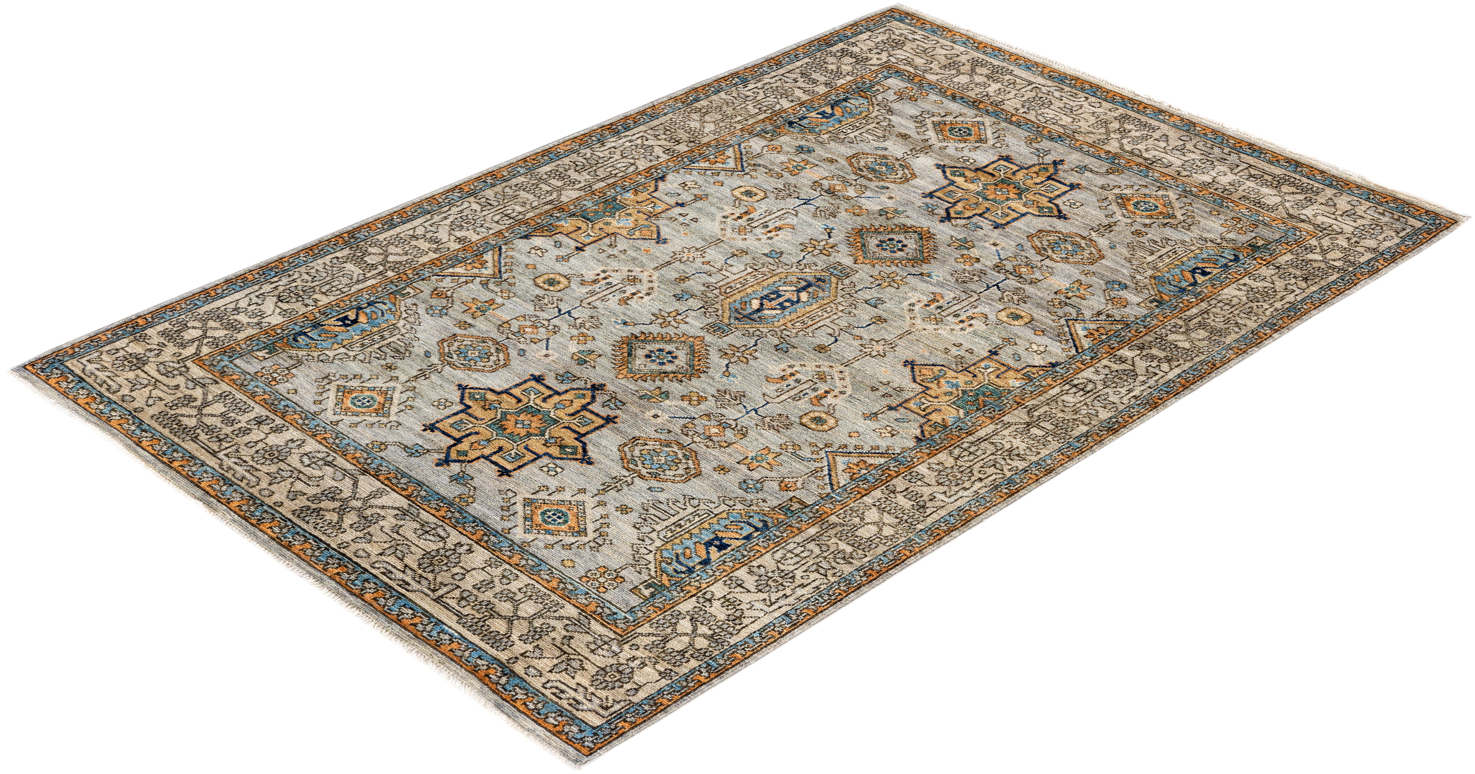 Traditional Tribal Serapi Wool Hand Knotted Gray Area Rug 3' 11