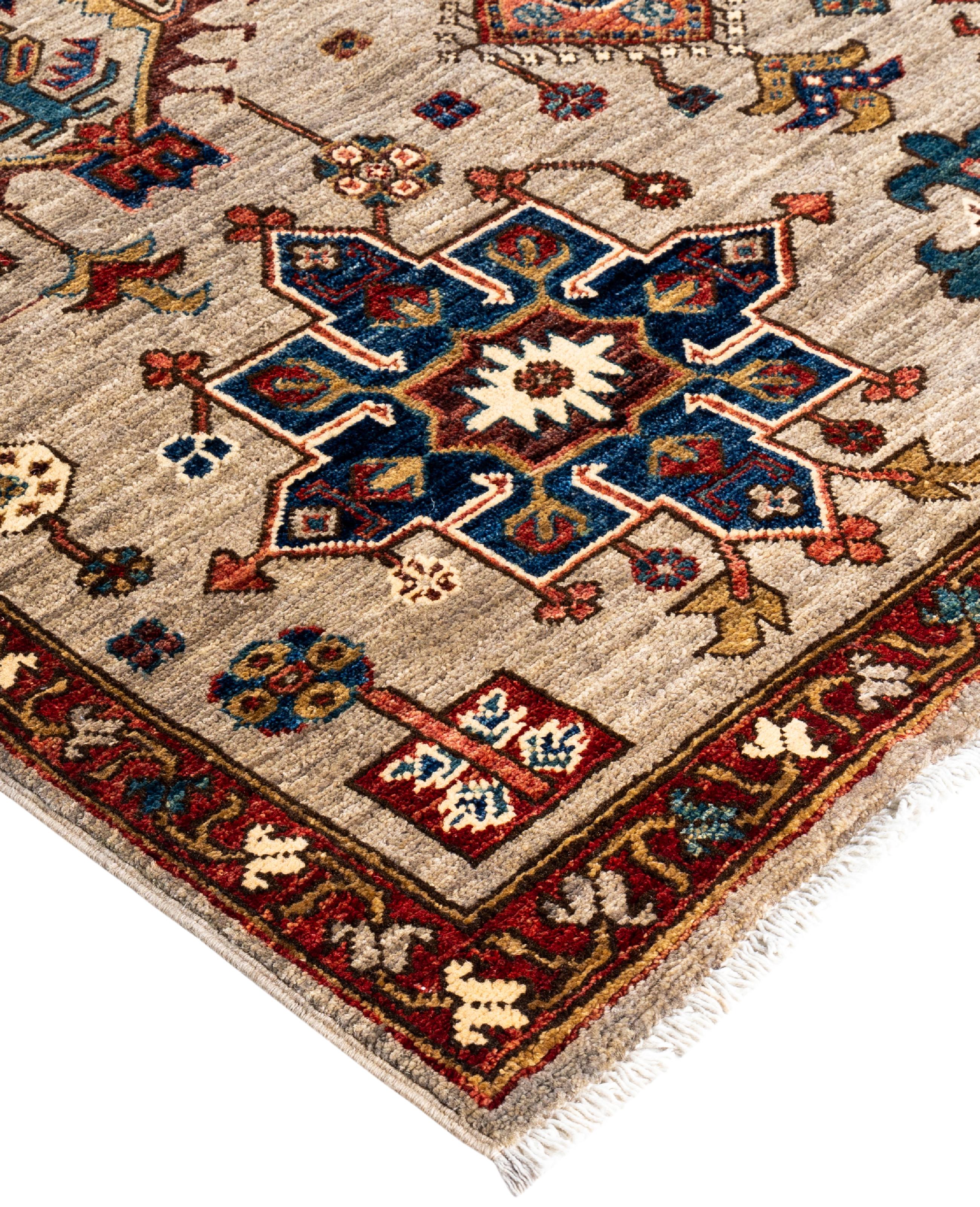 Serapi rugs are known for their bold, geometric designs and rich colors, often featuring a central medallion surrounded by intricate patterns. They typically use a warm, earthy color palette with deep reds, blues, ivory, and occasional greens. The