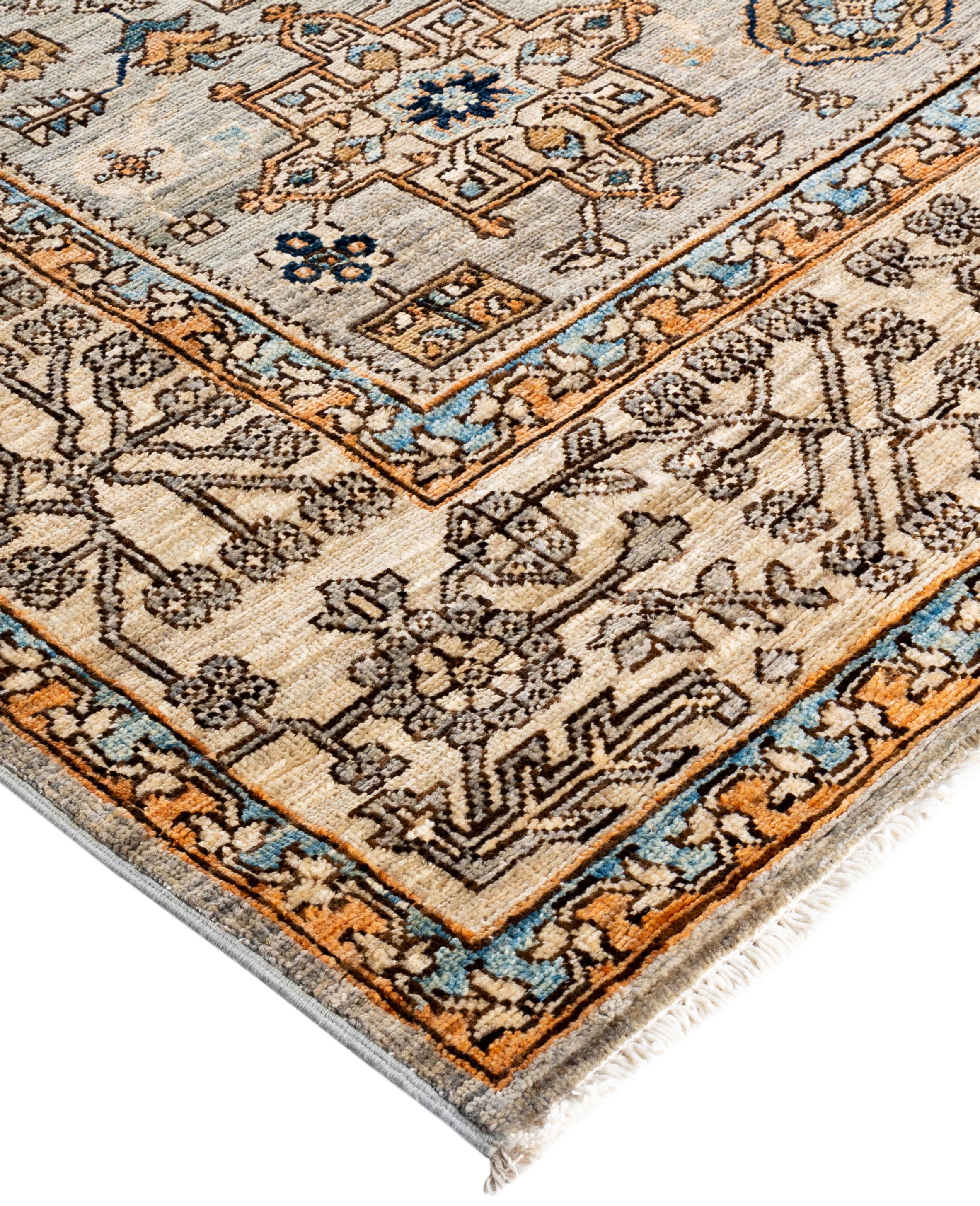 Serapi rugs are known for their bold, geometric designs and rich colors, often featuring a central medallion surrounded by intricate patterns. They typically use a warm, earthy color palette with deep reds, blues, ivory, and occasional greens. The