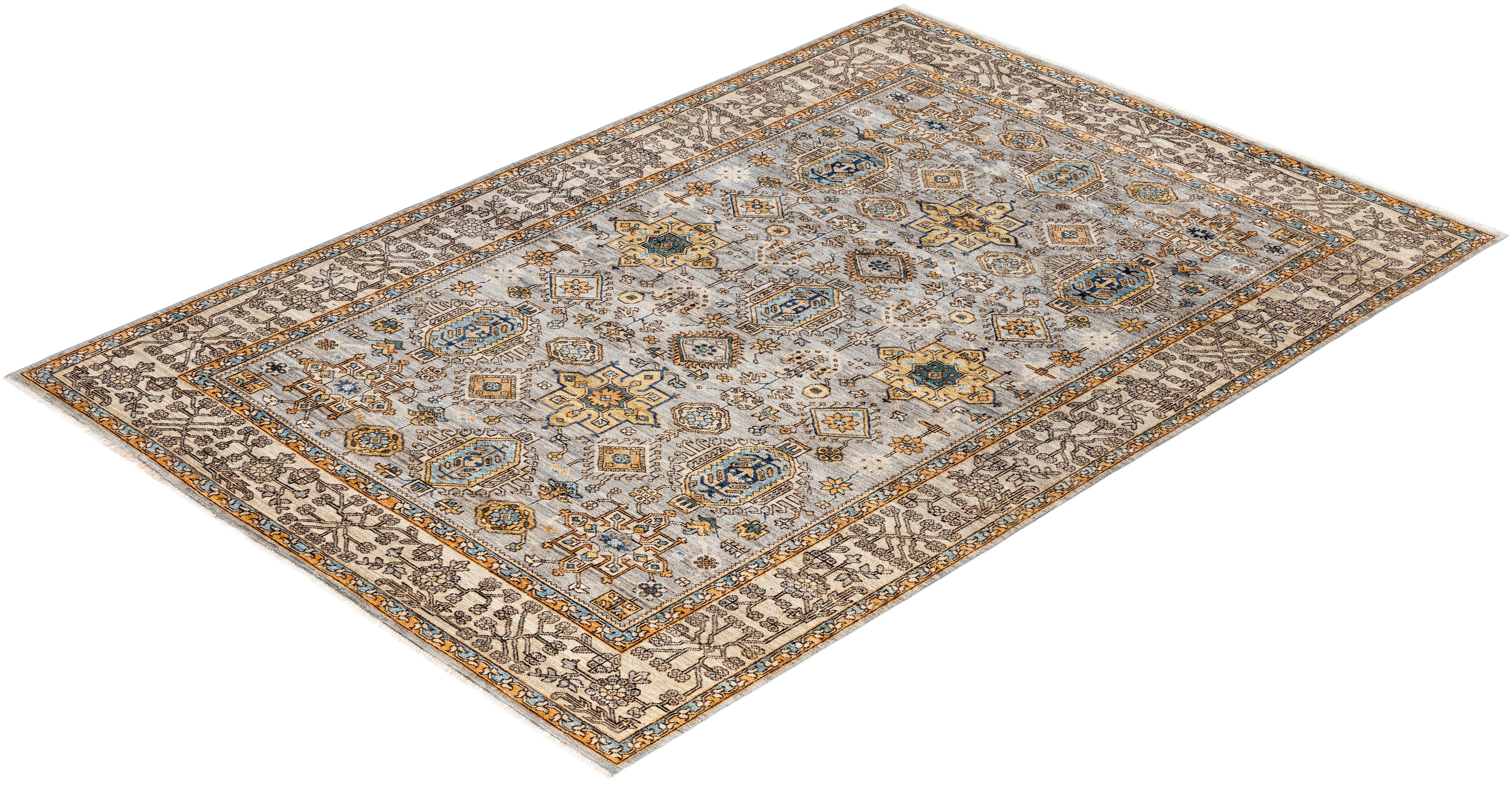 Tapis traditionnel tribal Serapi gris noué à la main 6' 2