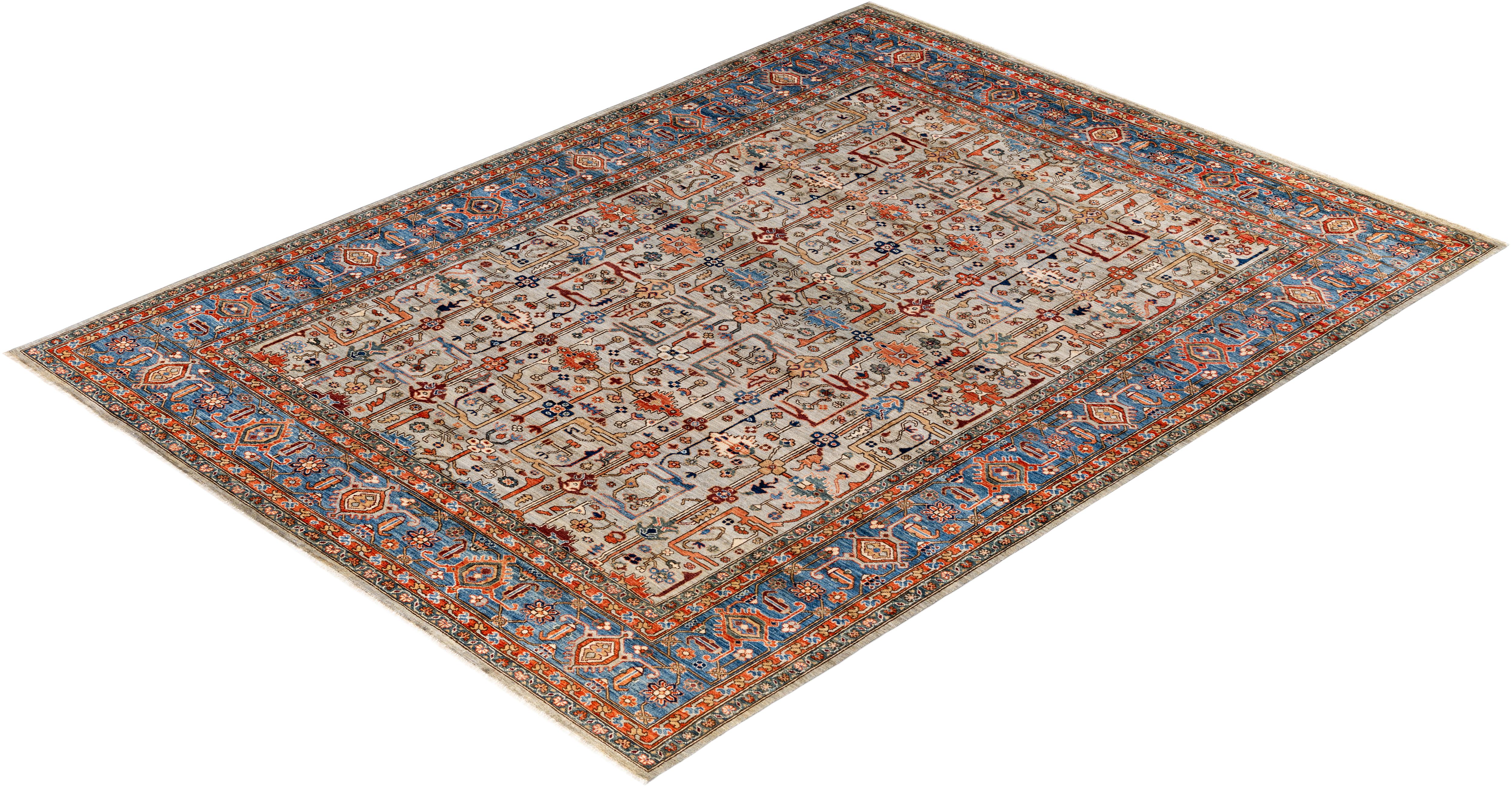 Tapis traditionnel tribal Serapi gris noué à la main 9' 1