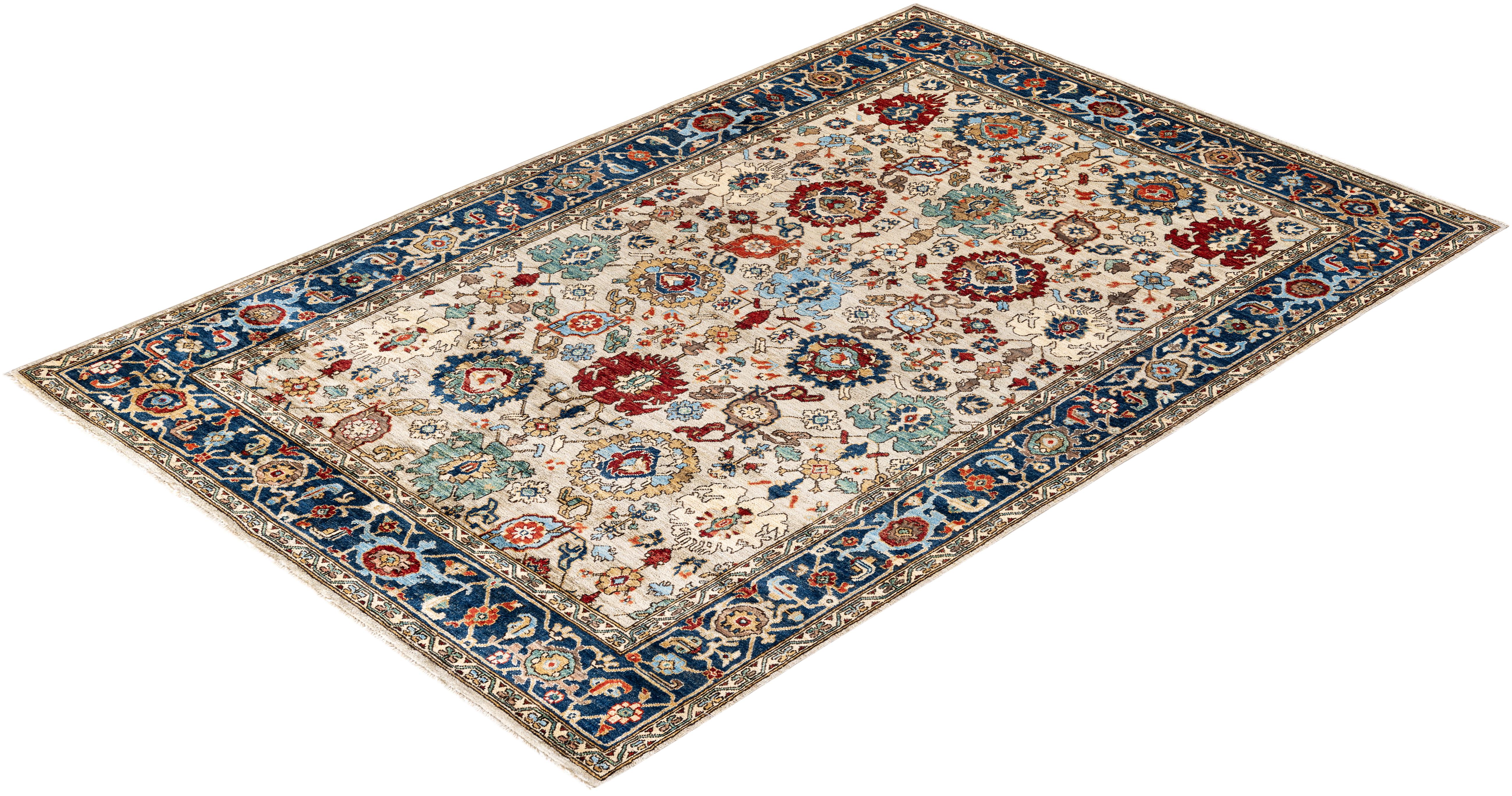 Tapis traditionnel tribal Serapi en laine ivoire noué à la main 6' 0