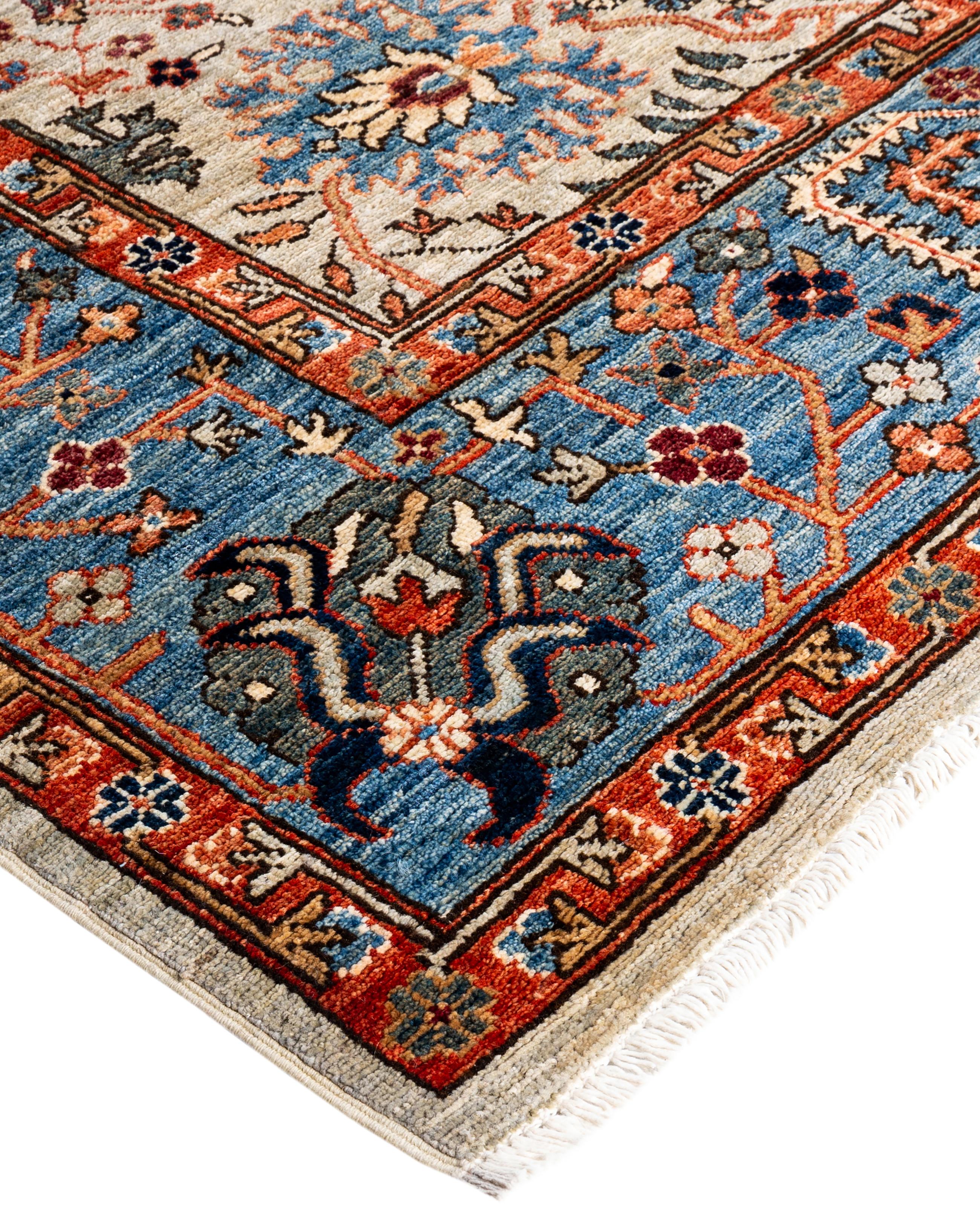 Serapi rugs are known for their bold, geometric designs and rich colors, often featuring a central medallion surrounded by intricate patterns. They typically use a warm, earthy color palette with deep reds, blues, ivory, and occasional greens. The