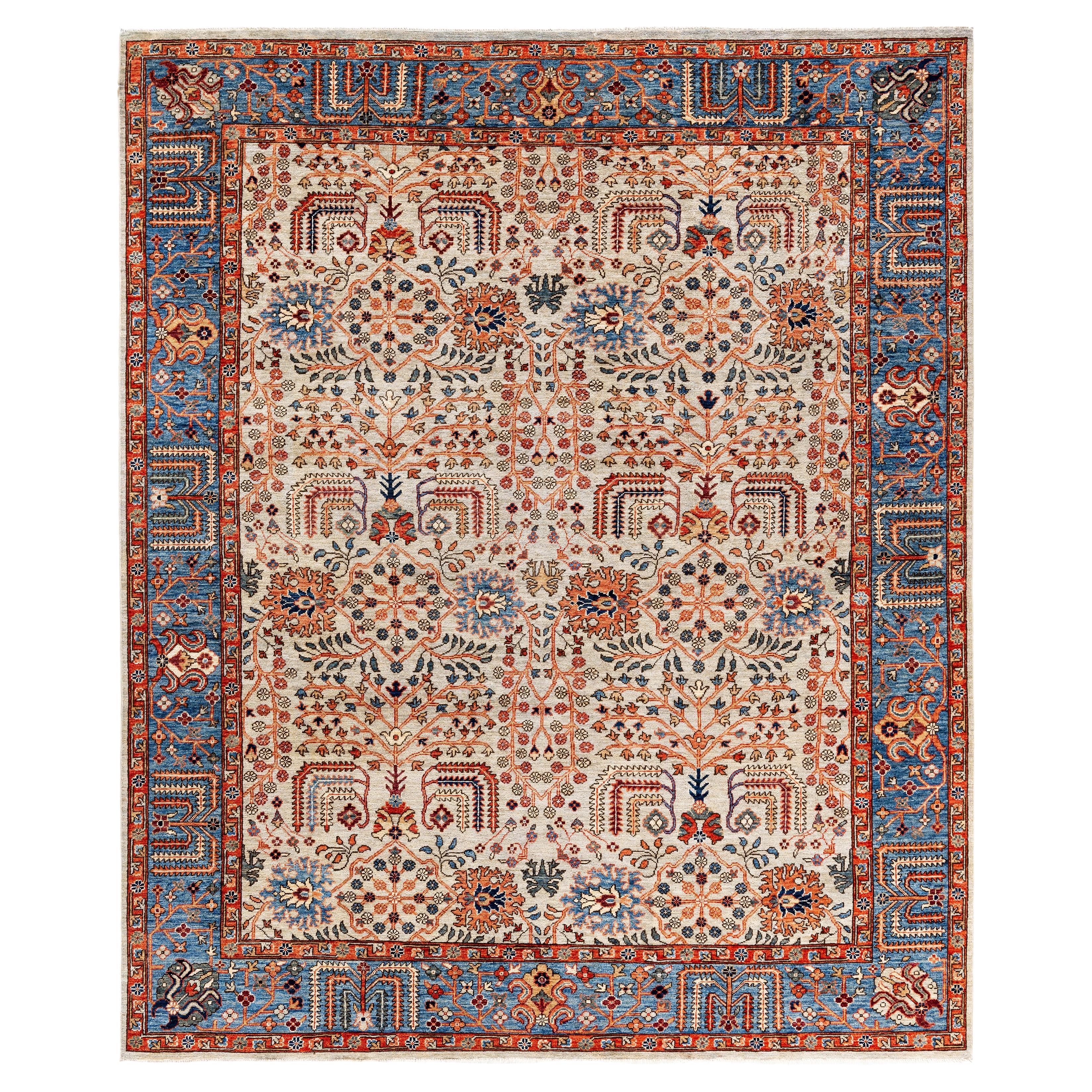 Traditional Tribal Serapi Wool Hand Knotted Ivory Area Rug 8' 0" x 9' 8" For Sale