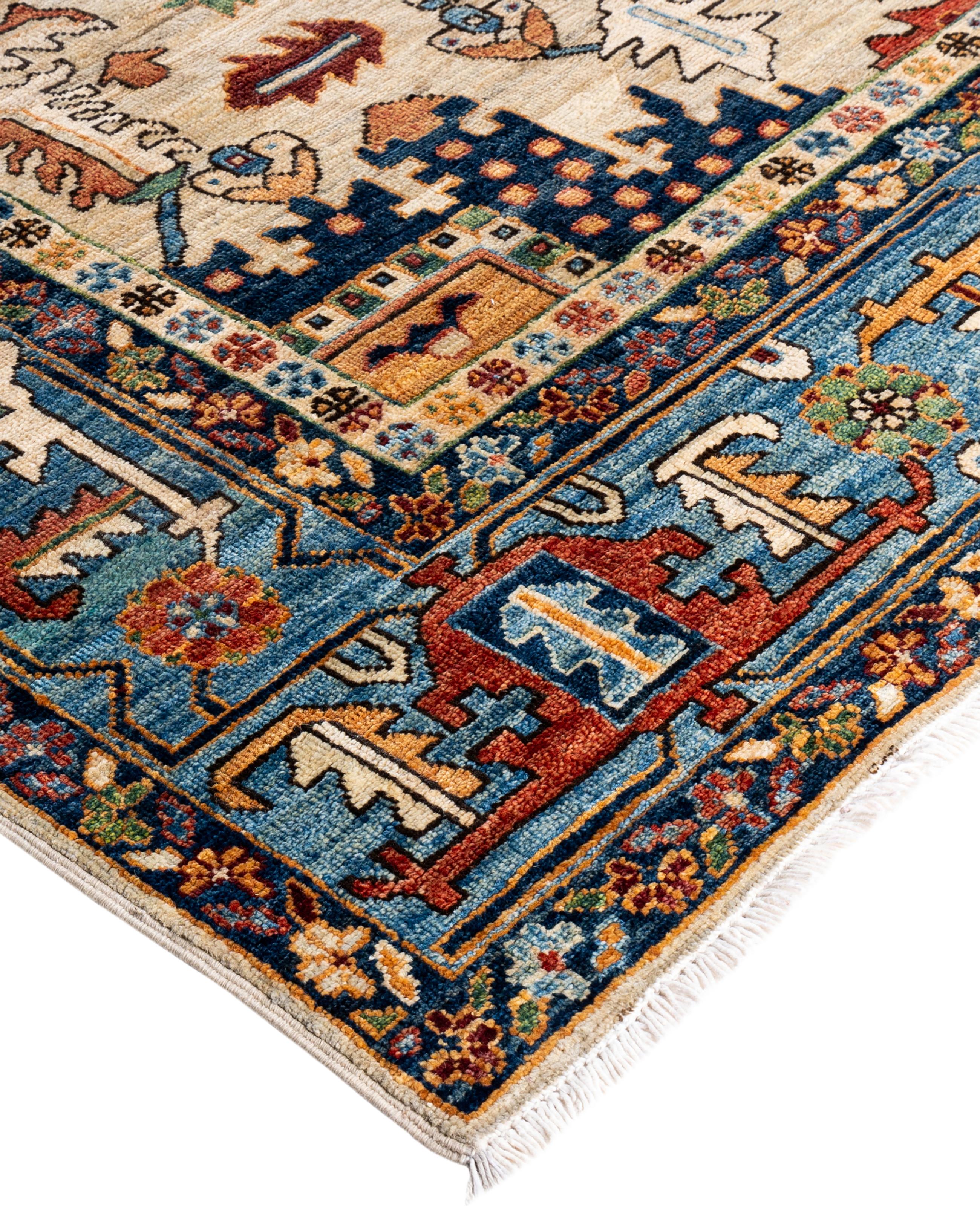 Serapi rugs are known for their bold, geometric designs and rich colors, often featuring a central medallion surrounded by intricate patterns. They typically use a warm, earthy color palette with deep reds, blues, ivory, and occasional greens. The