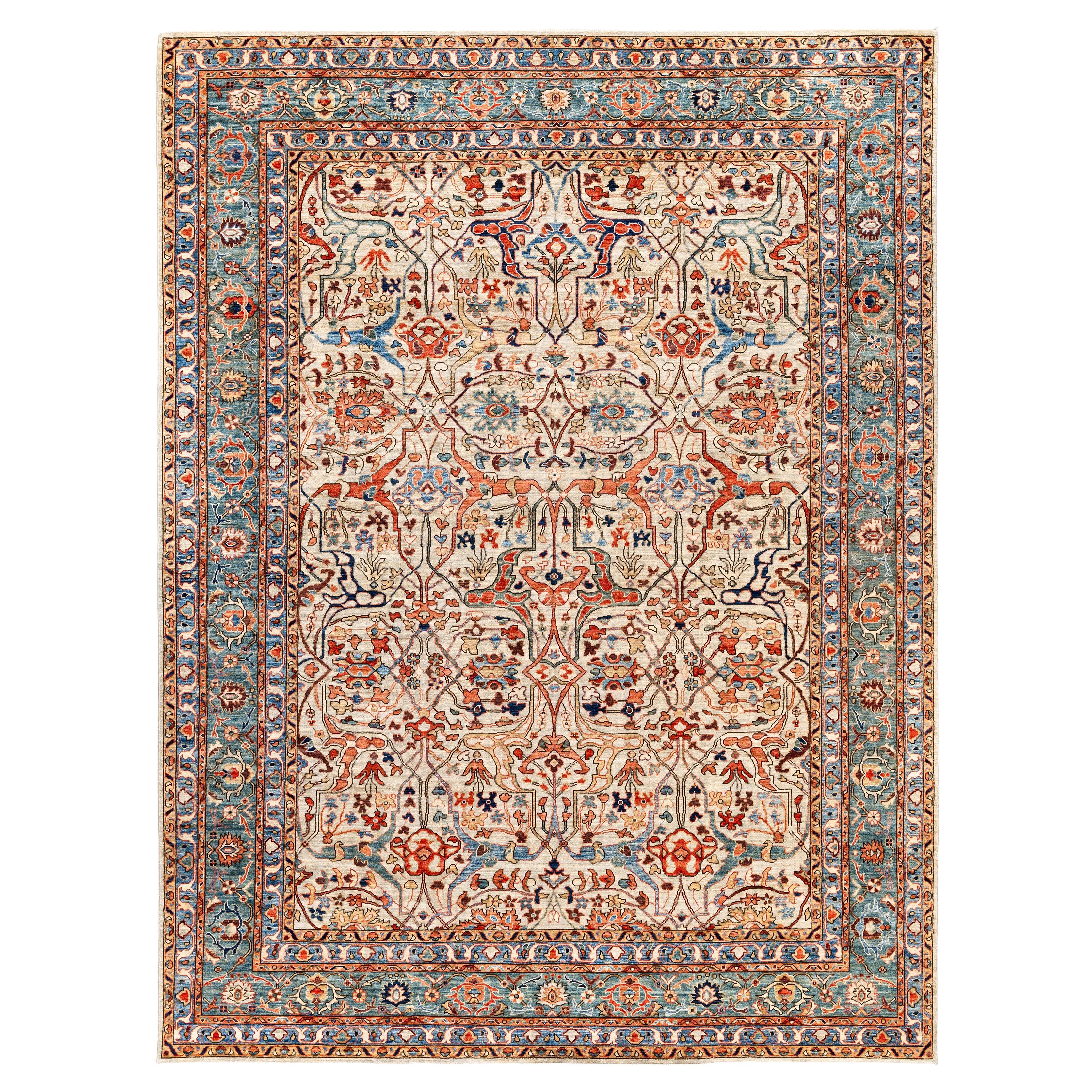 Tapis traditionnel tribal Serapi en laine ivoire noué à la main 8' 10" x 11' 10"