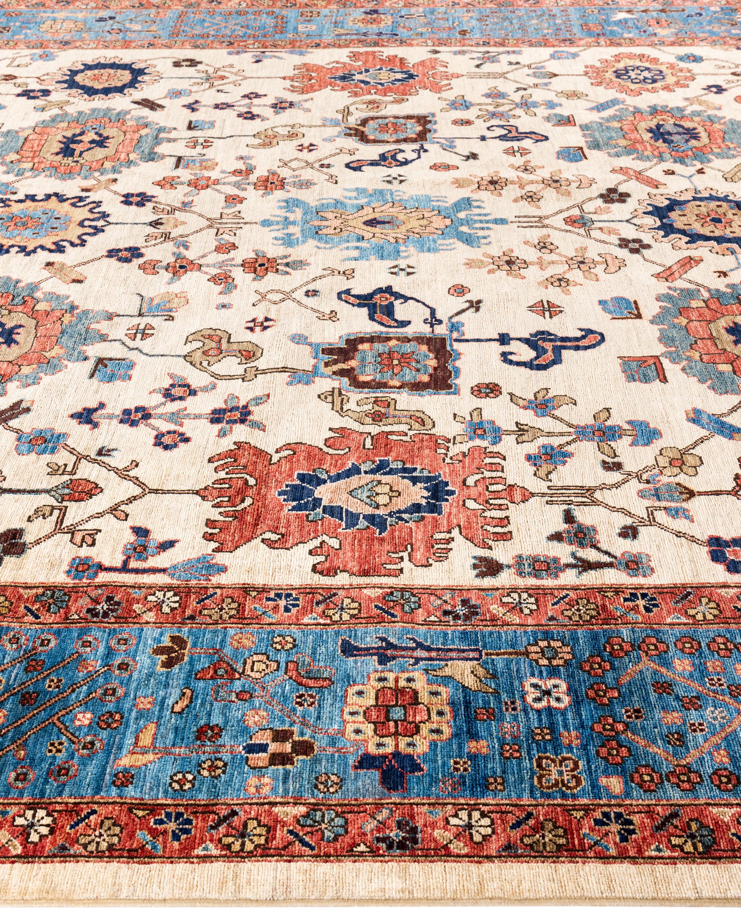 Noué à la main Tapis traditionnel tribal Serapi en laine ivoire noué à la main 8' 10