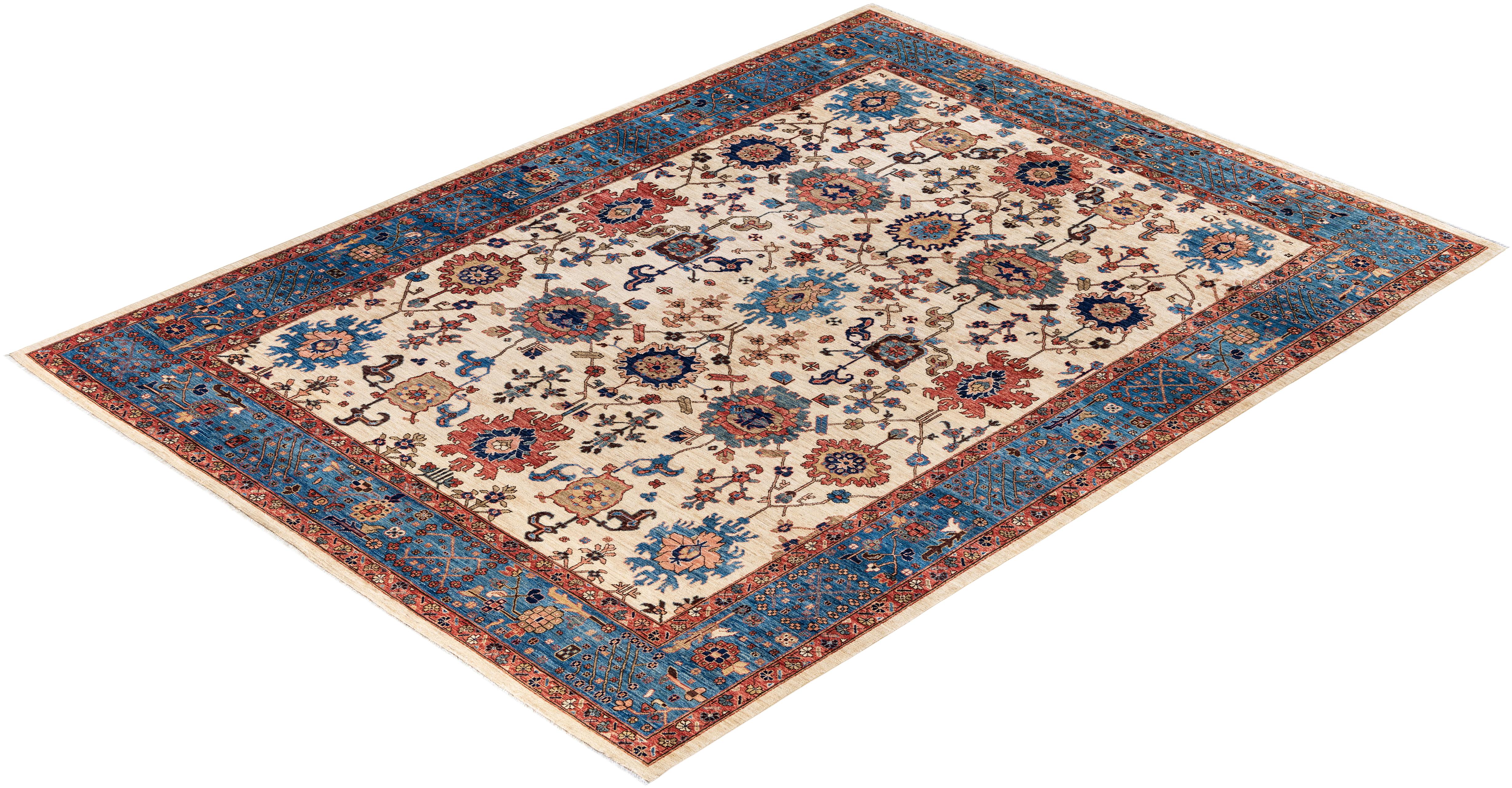 Tapis traditionnel tribal Serapi en laine ivoire noué à la main 8' 10