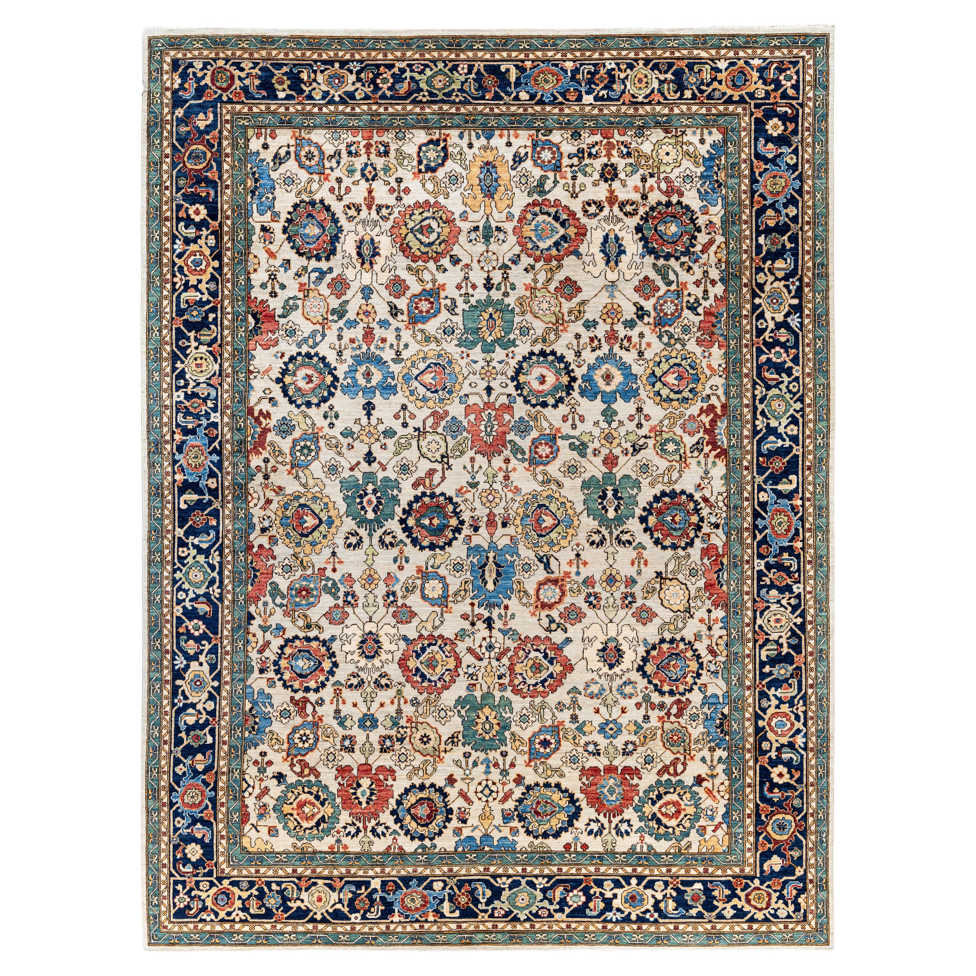 Tapis traditionnel tribal Serapi en laine ivoire noué à la main 8' 11" x 11' 11"
