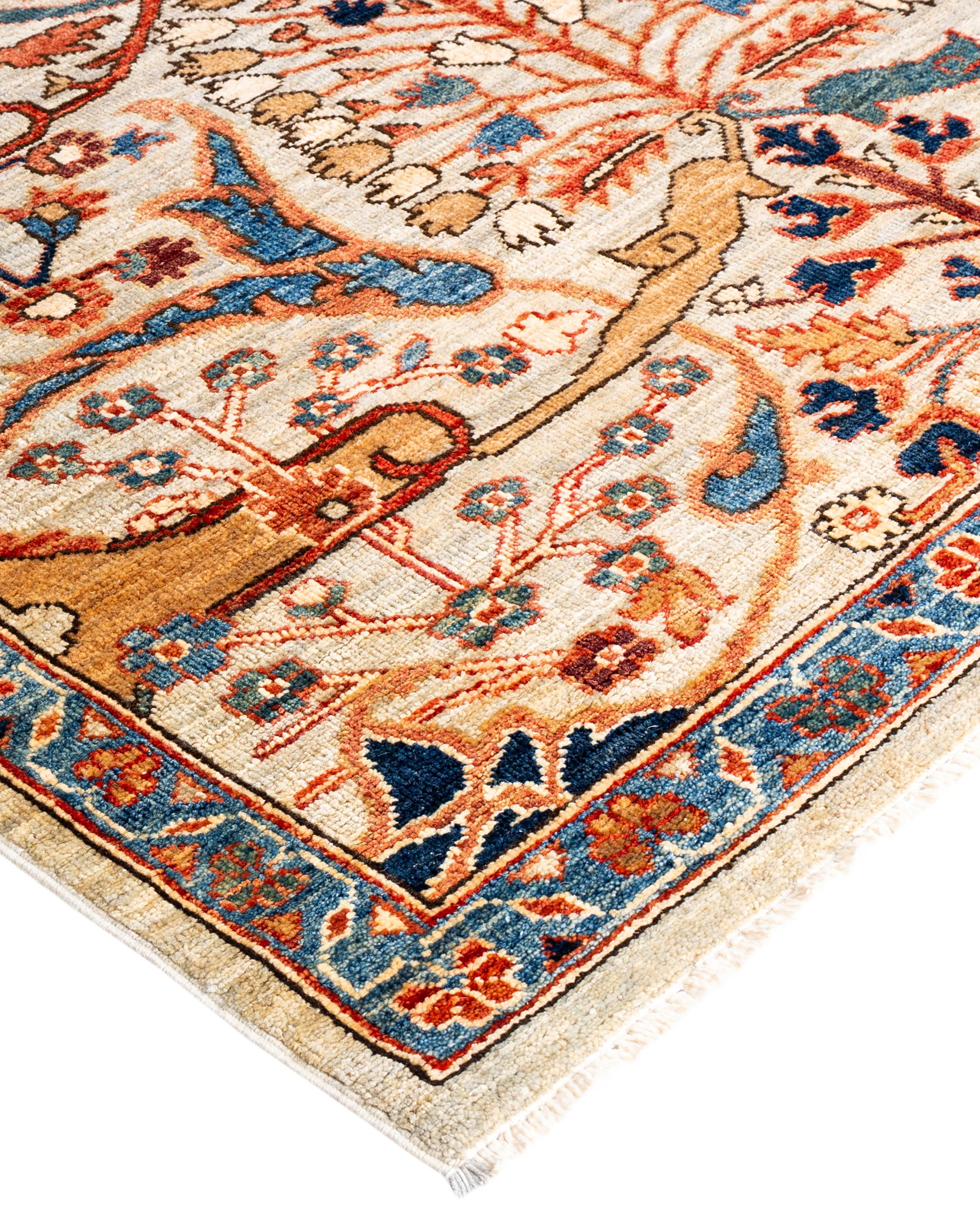 Las alfombras Serapi son conocidas por sus diseños geométricos y audaces y sus ricos colores, a menudo con un medallón central rodeado de intrincados dibujos. Suelen utilizar una paleta de colores cálidos y terrosos, con rojos intensos, azules,