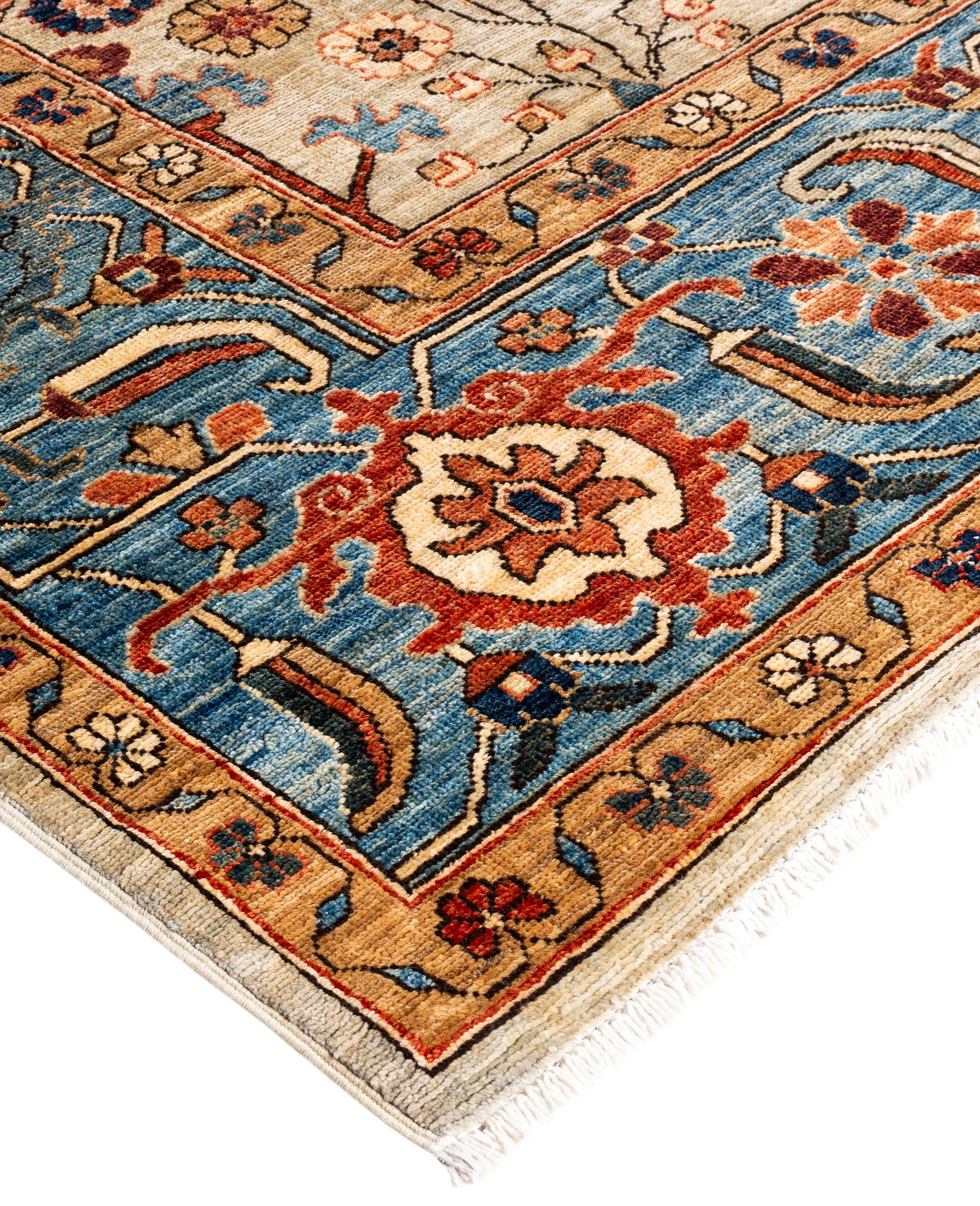 Las alfombras Serapi son conocidas por sus diseños geométricos y audaces y sus ricos colores, a menudo con un medallón central rodeado de intrincados dibujos. Suelen utilizar una paleta de colores cálidos y terrosos, con rojos intensos, azules,