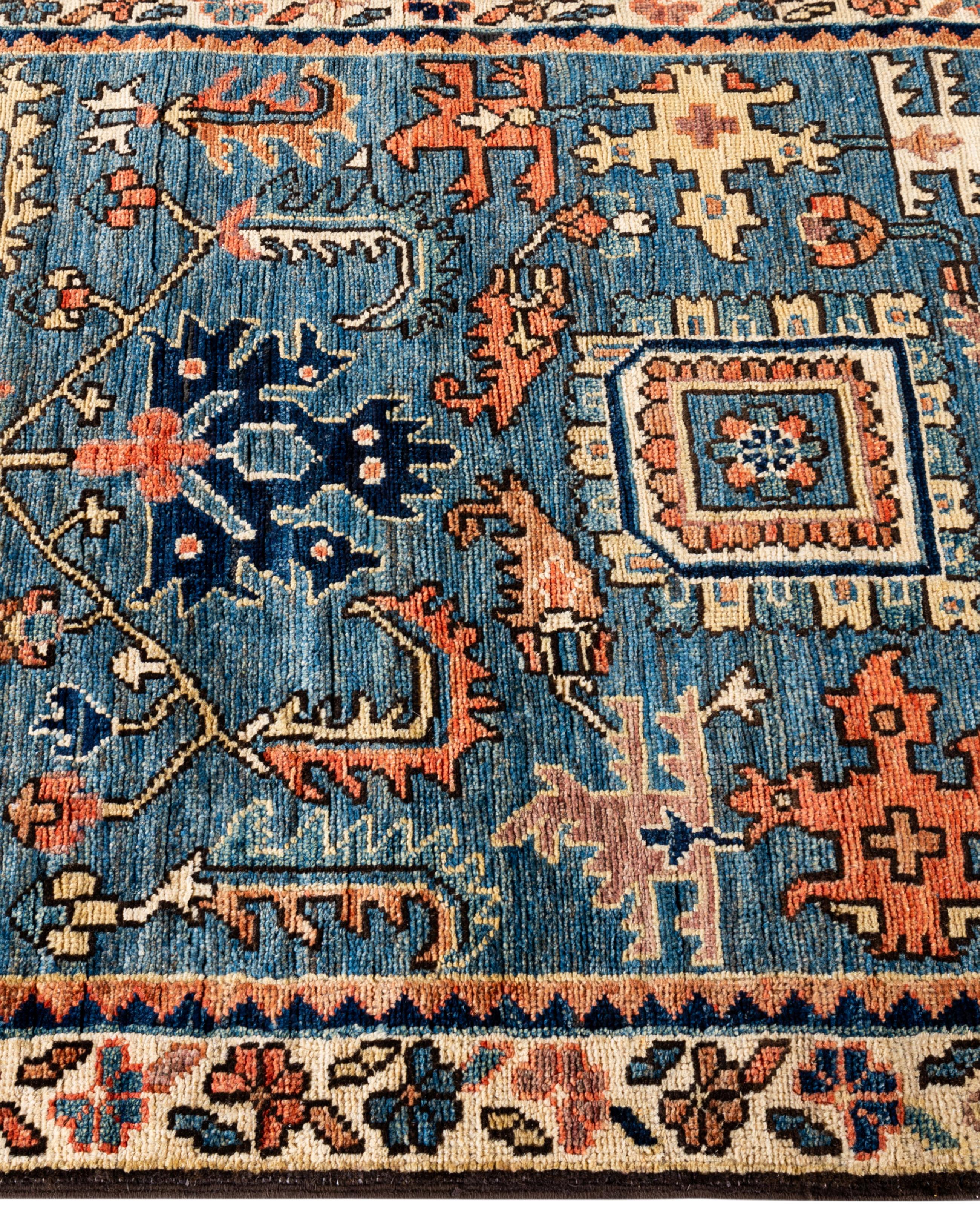 Hand-Knotted Traditional Tribal Serapi Wool Hand Knotted Light Blue Area Rug 2' 6