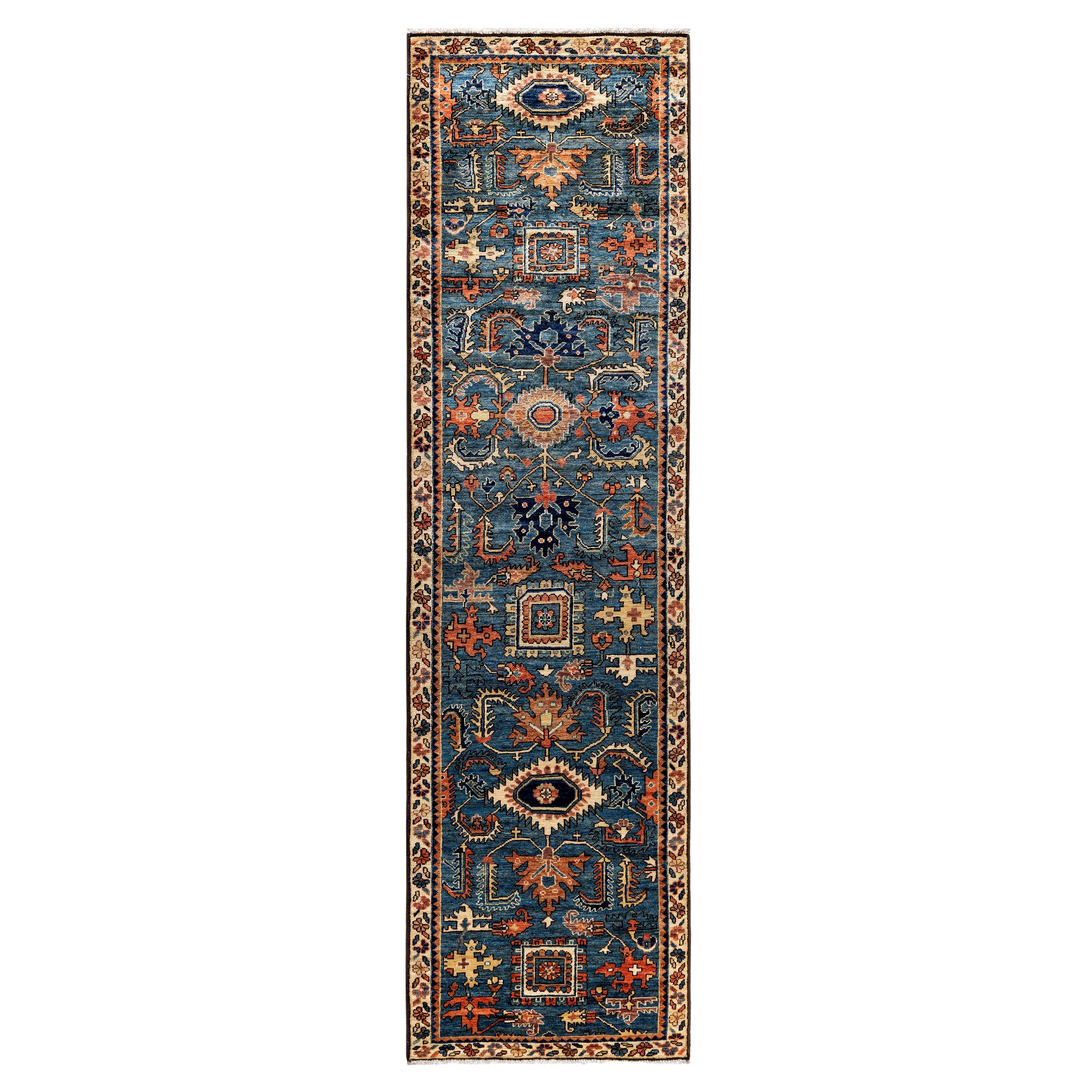 Traditional Tribal Serapi Wool Hand Knotted Light Blue Area Rug 2' 6" x 9' 5" For Sale