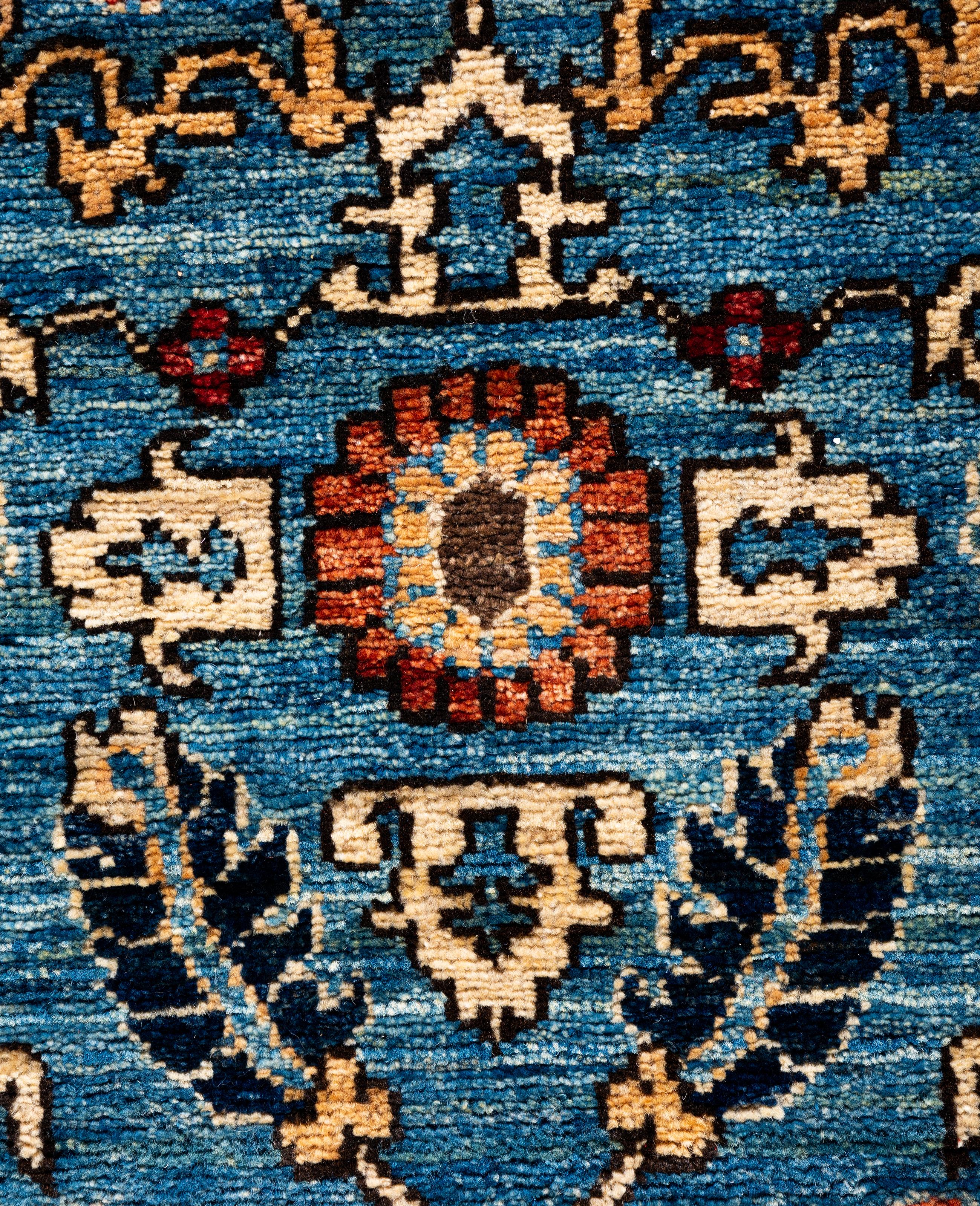 Pakistanais Tapis traditionnel tribal Serapi bleu clair noué à la main 2' 7