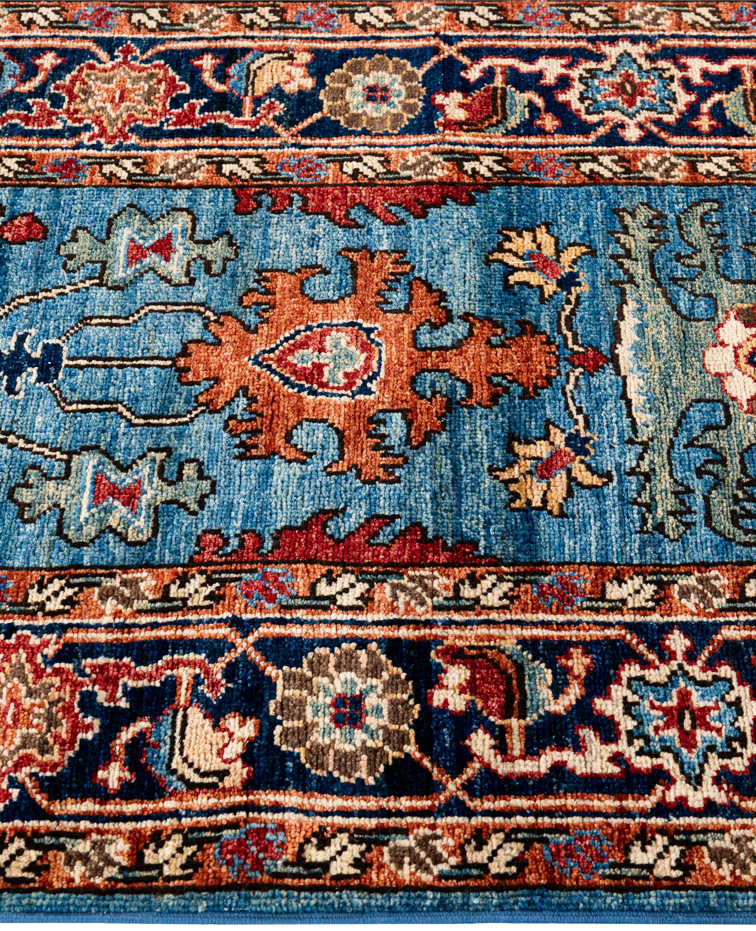 Noué à la main Tapis traditionnel tribal Serapi bleu clair noué à la main 2' 7