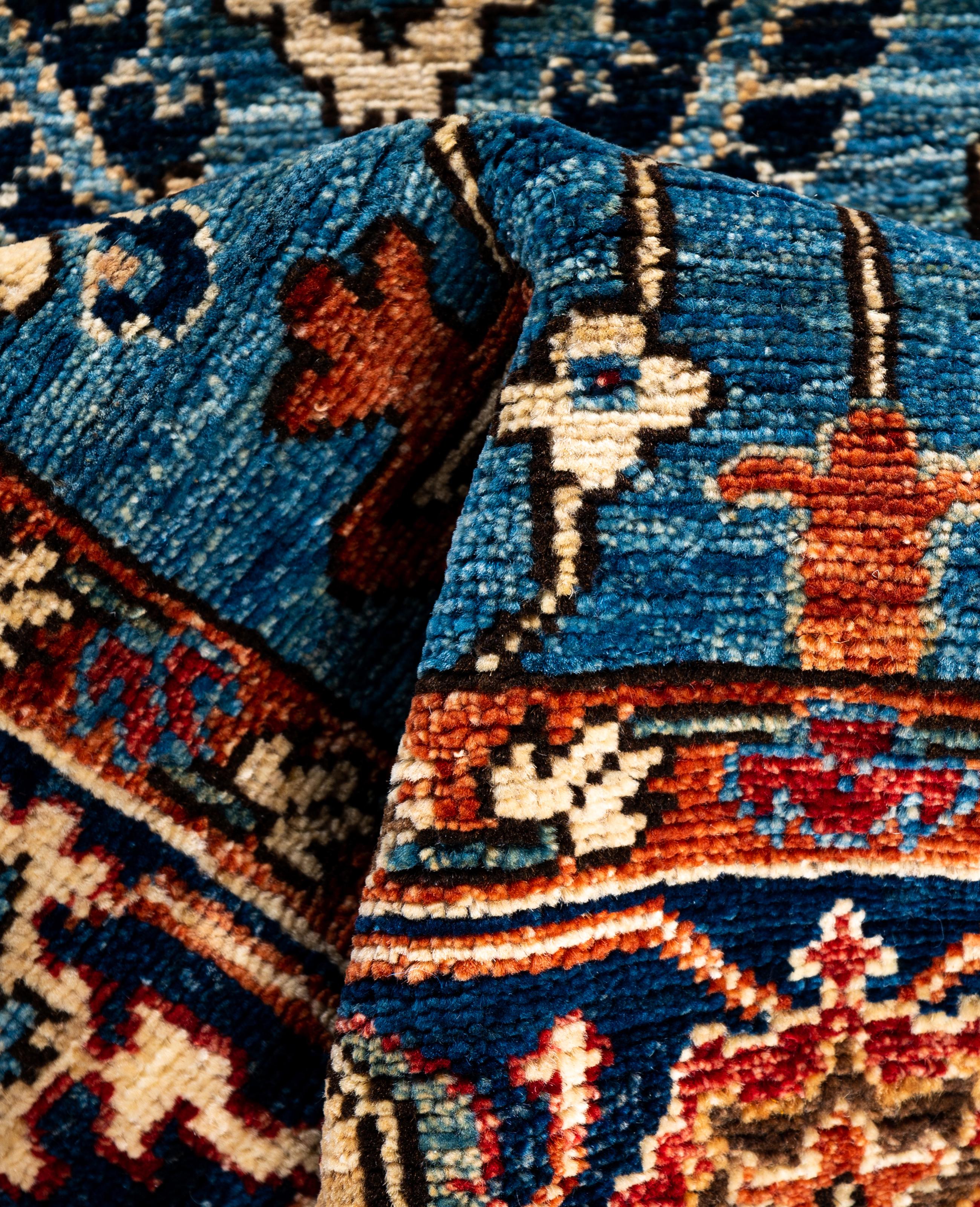 Laine Tapis traditionnel tribal Serapi bleu clair noué à la main 2' 7