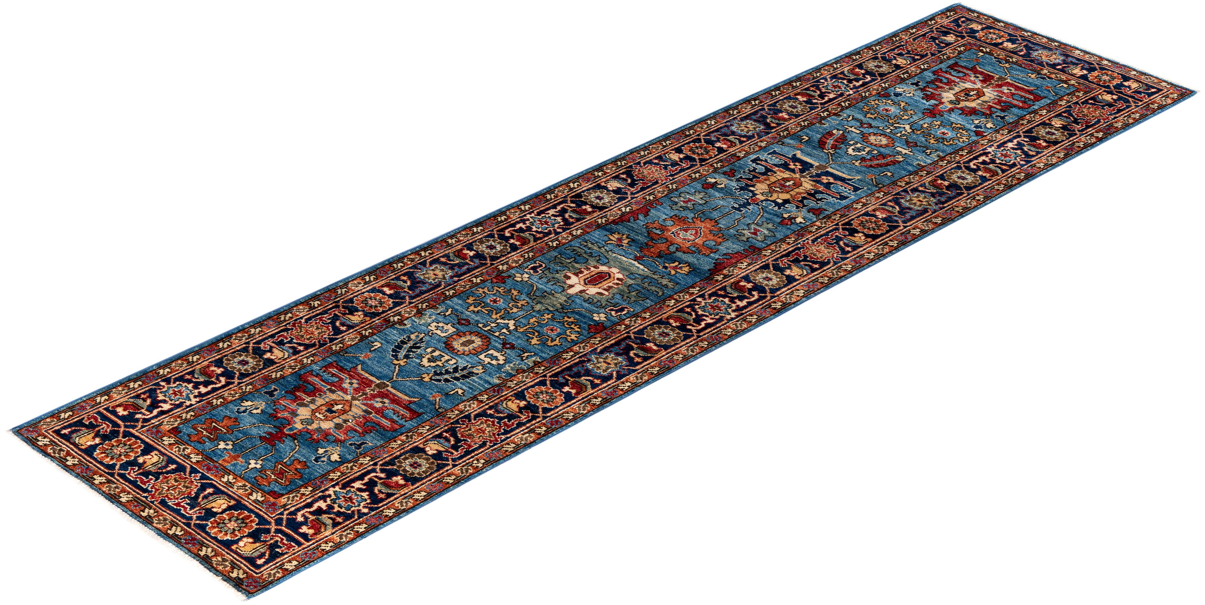 Tapis traditionnel tribal Serapi bleu clair noué à la main 2' 7