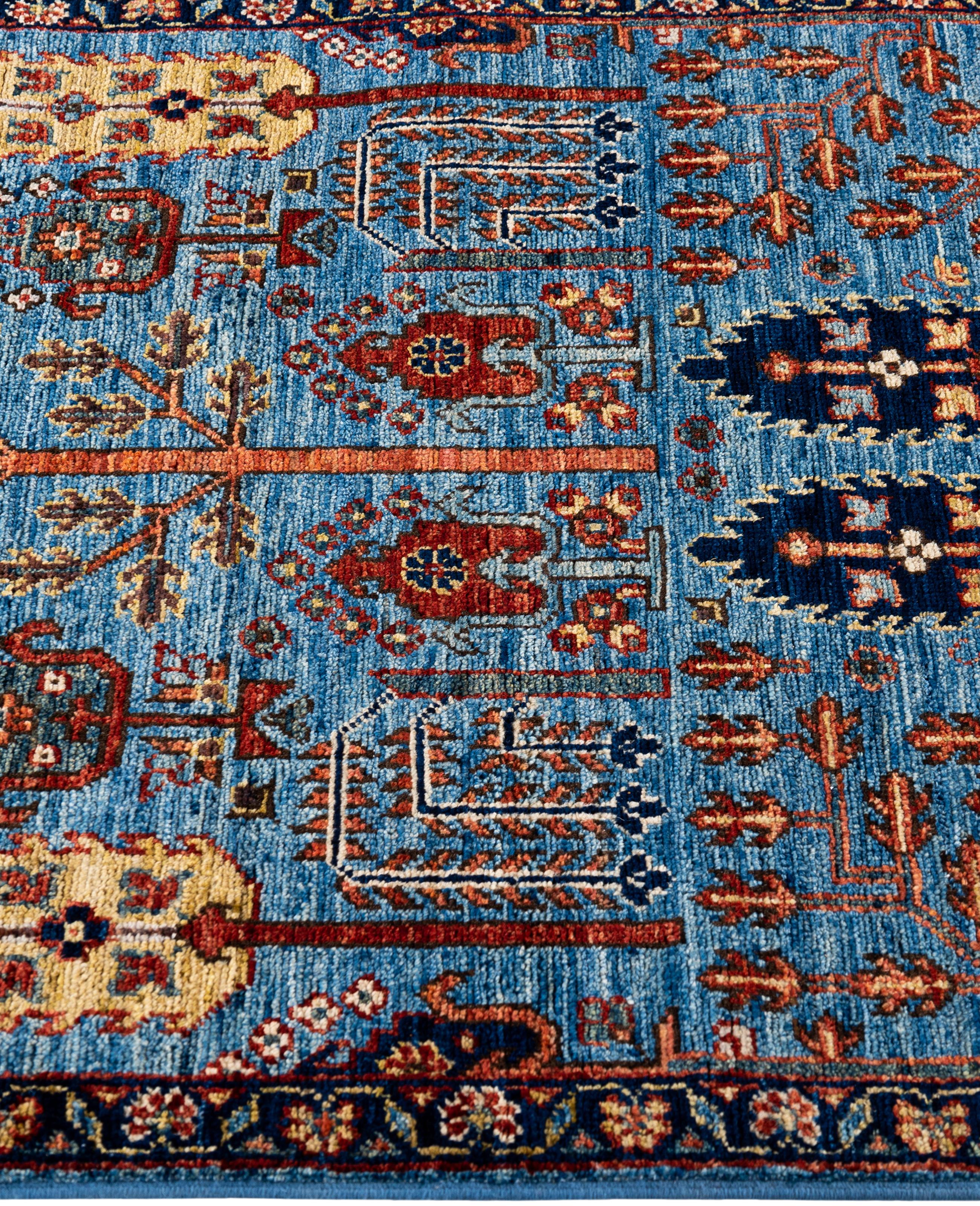 Alfombra tribal tradicional Serapi de lana anudada a mano azul claro 2' 7