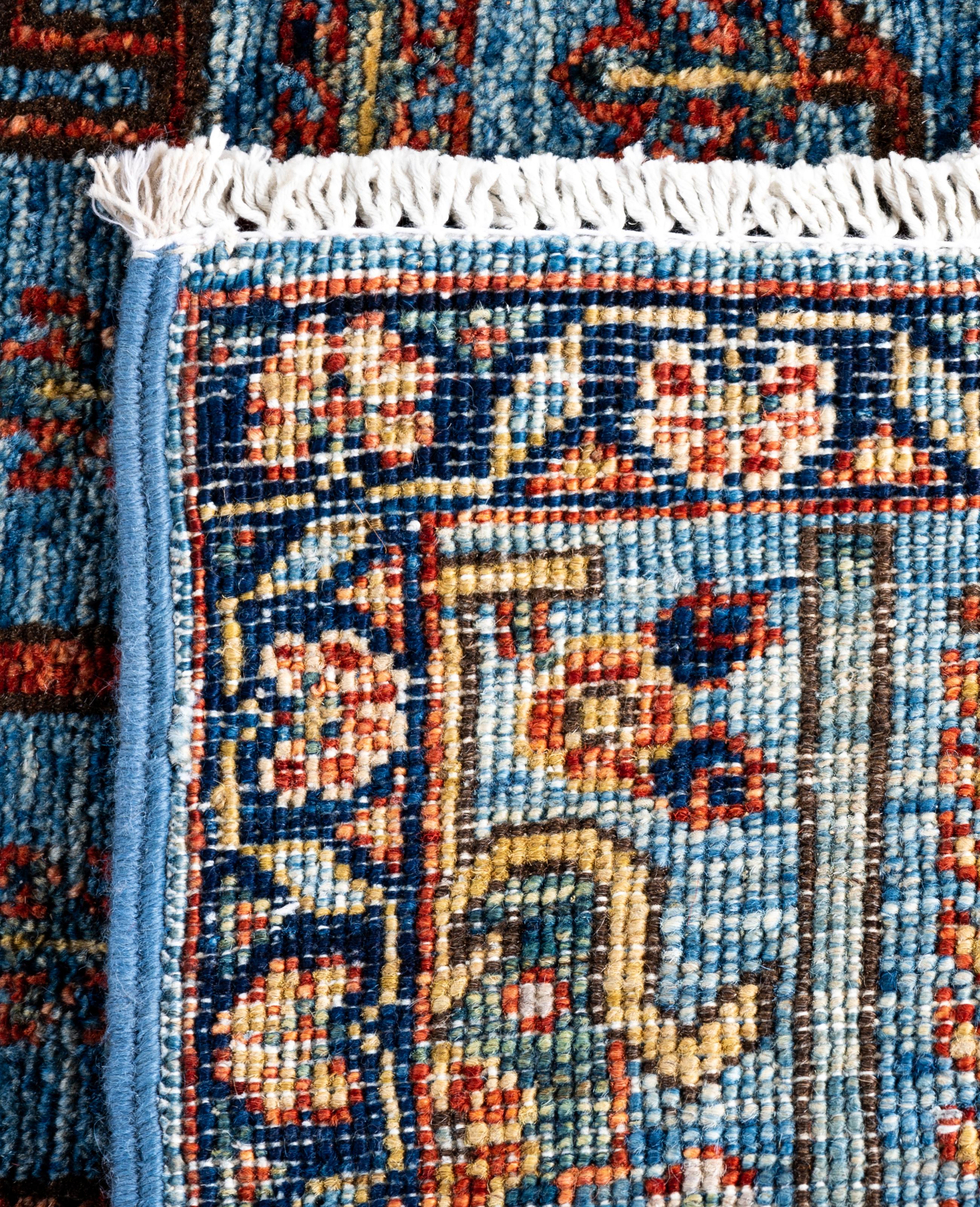 Alfombra tribal tradicional Serapi de lana anudada a mano azul claro 2' 7