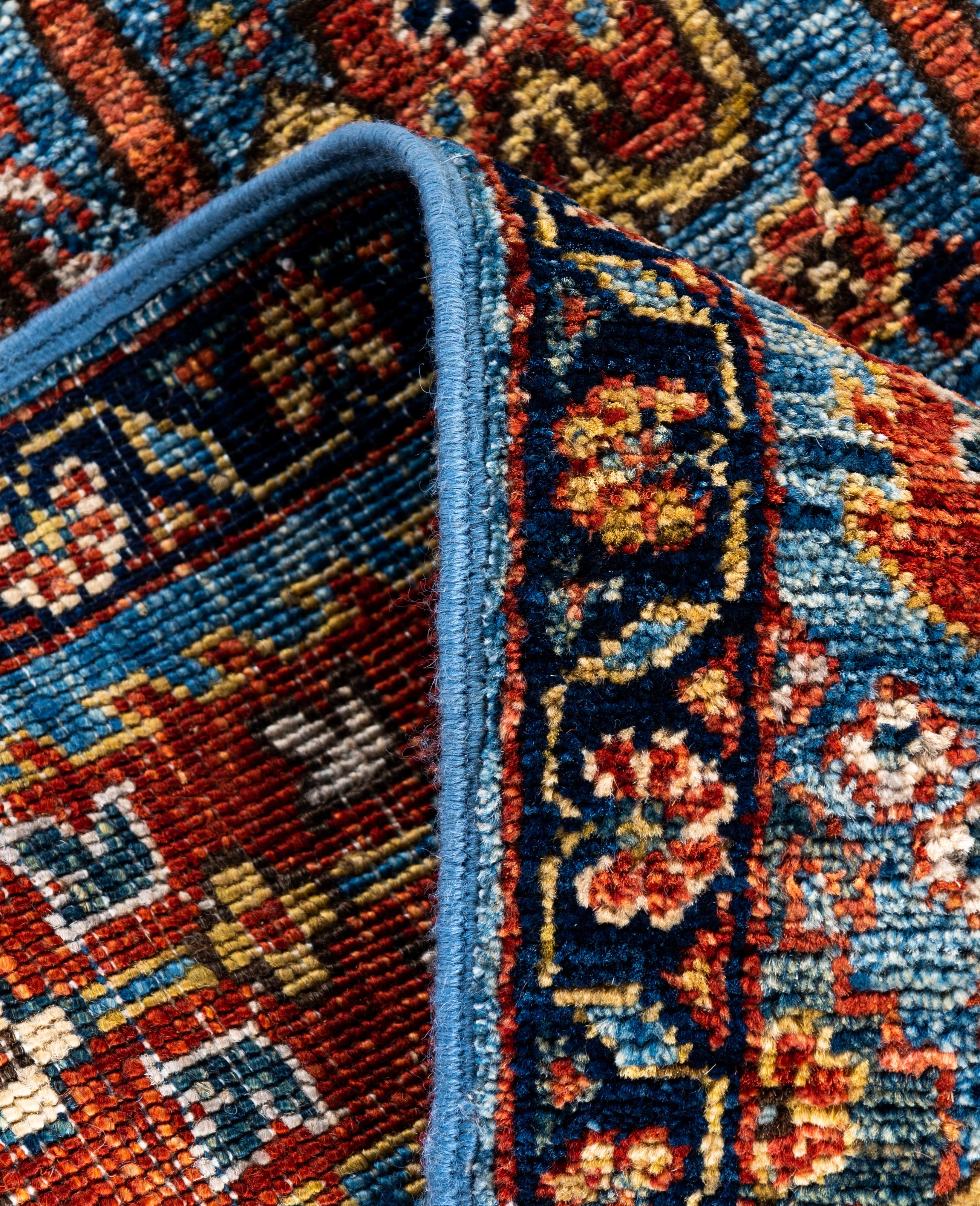 Alfombra tribal tradicional Serapi de lana anudada a mano azul claro 2' 7