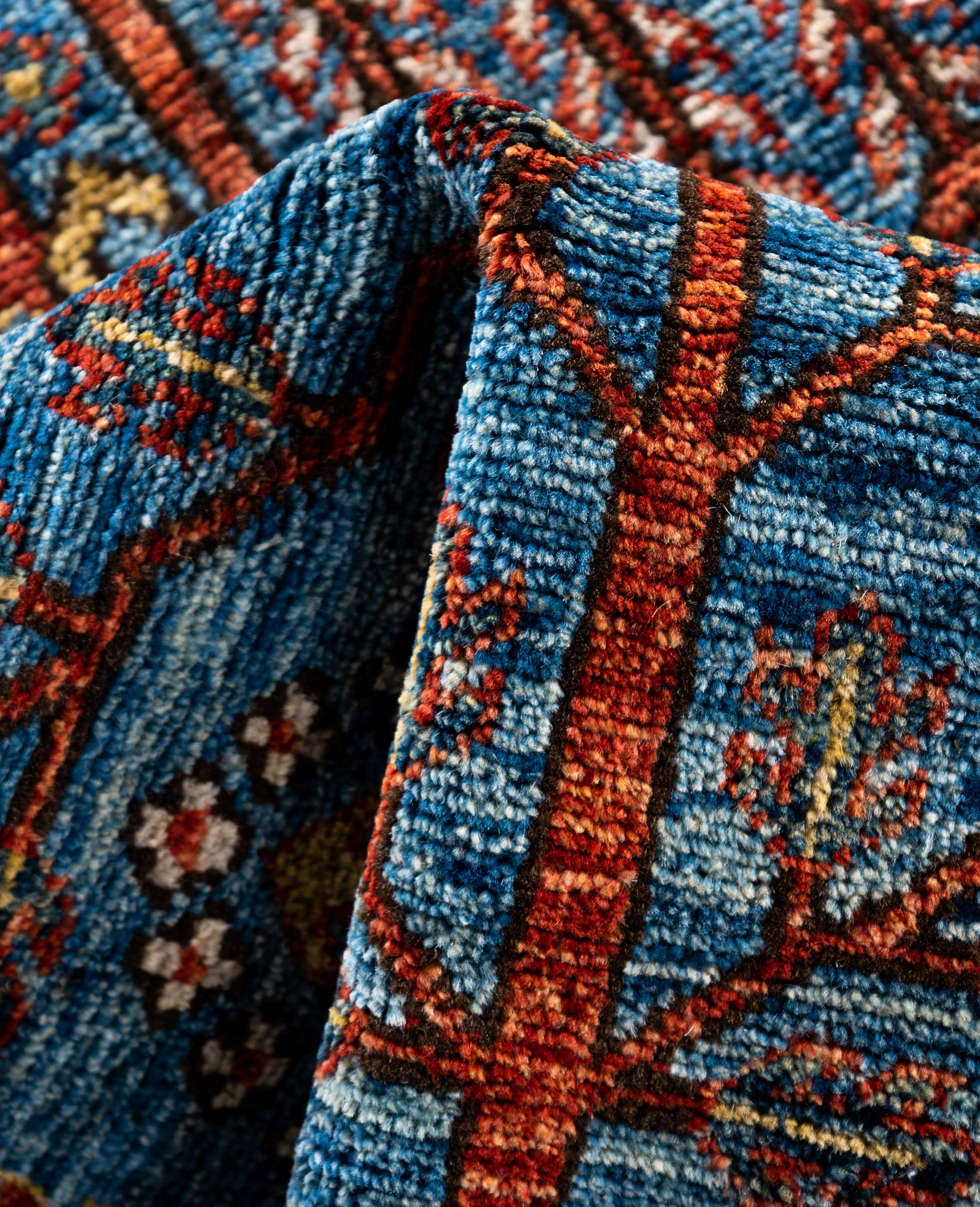Alfombra tribal tradicional Serapi de lana anudada a mano azul claro 2' 7