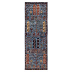 Alfombra tribal tradicional Serapi de lana anudada a mano azul claro 2' 7" x 7' 10