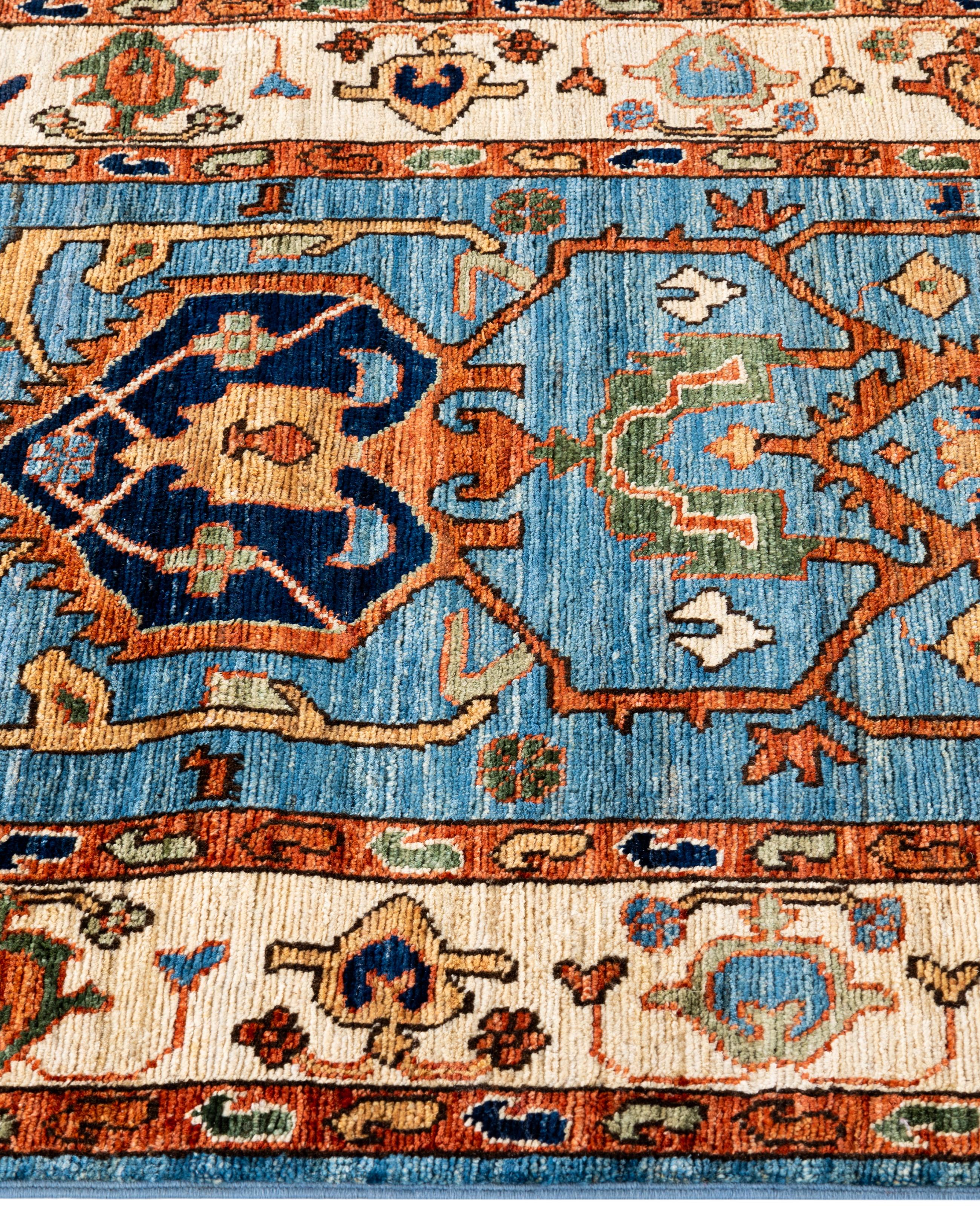 Noué à la main Tapis traditionnel tribal Serapi bleu clair noué à la main 2' 7